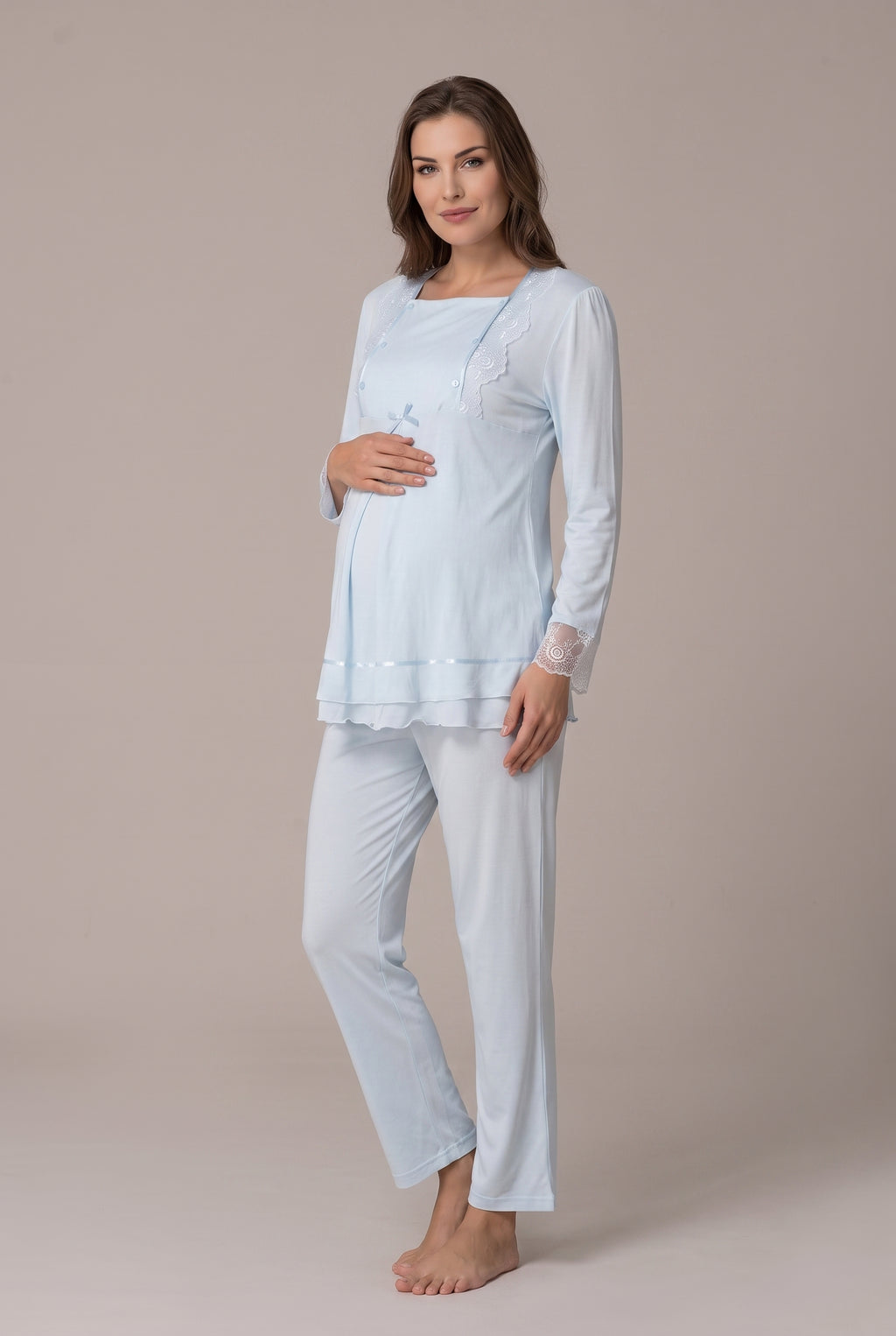Şık Tasarım Dantel Detaylı Emzirme Kolaylıgı Saglayan Ayarlanabilir Bel Özellikli Pamuklu Lohusa Hamile Sabahlıklı Pijama Takımı 02018
