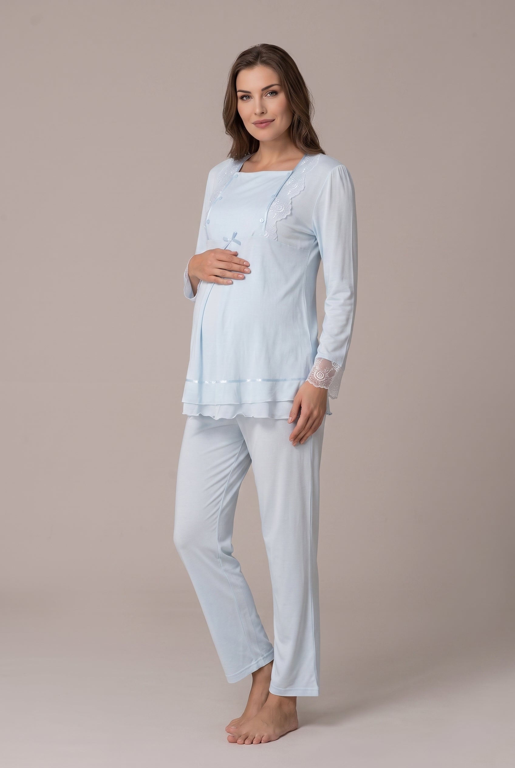 Şık Tasarım Dantel Detaylı Emzirme Kolaylıgı Saglayan Ayarlanabilir Bel Özellikli Pamuklu Lohusa Hamile Sabahlıklı Pijama Takımı 02018