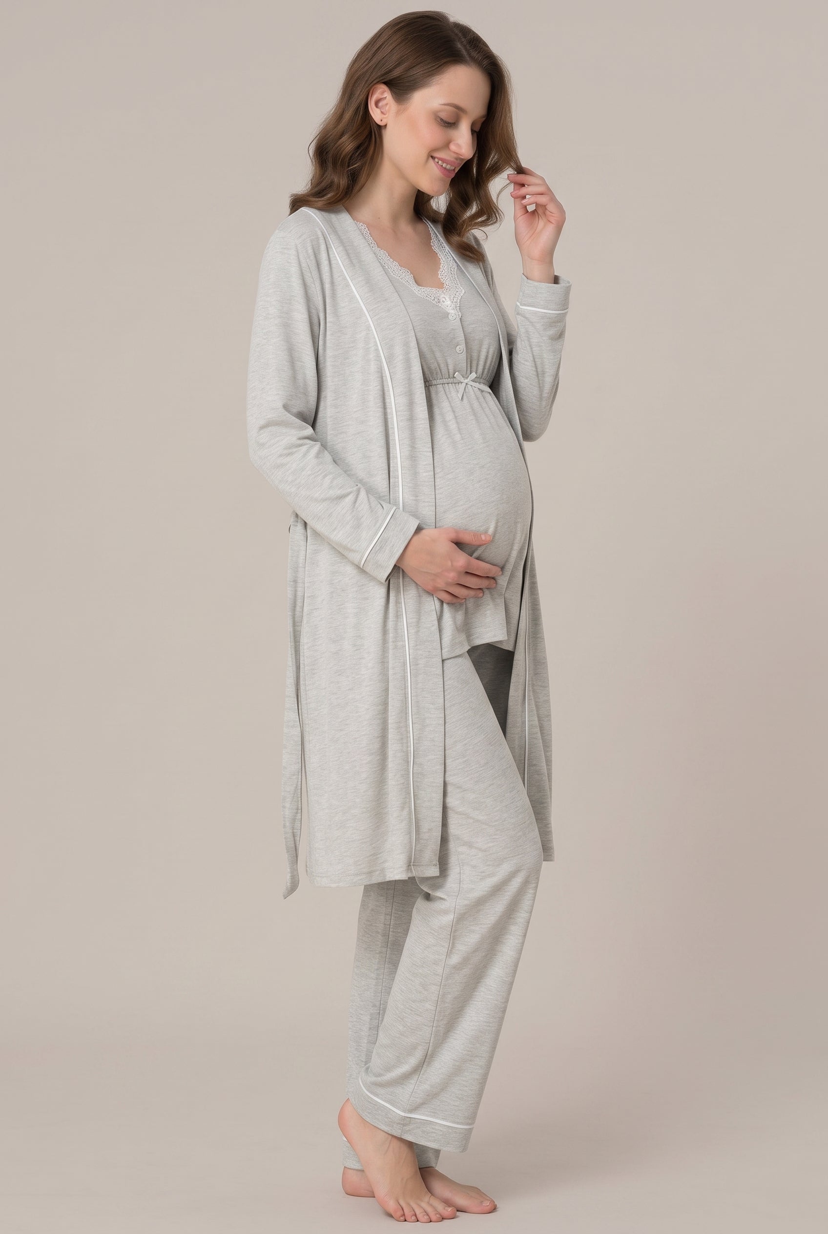 Şık Tasarım Dantel Detaylı Emzirme Kolaylıgı Saglayan Ayarlanabilir Bel Özellikli Pamuklu Lohusa Hamile Sabahlıklı Pijama Takımı 03054