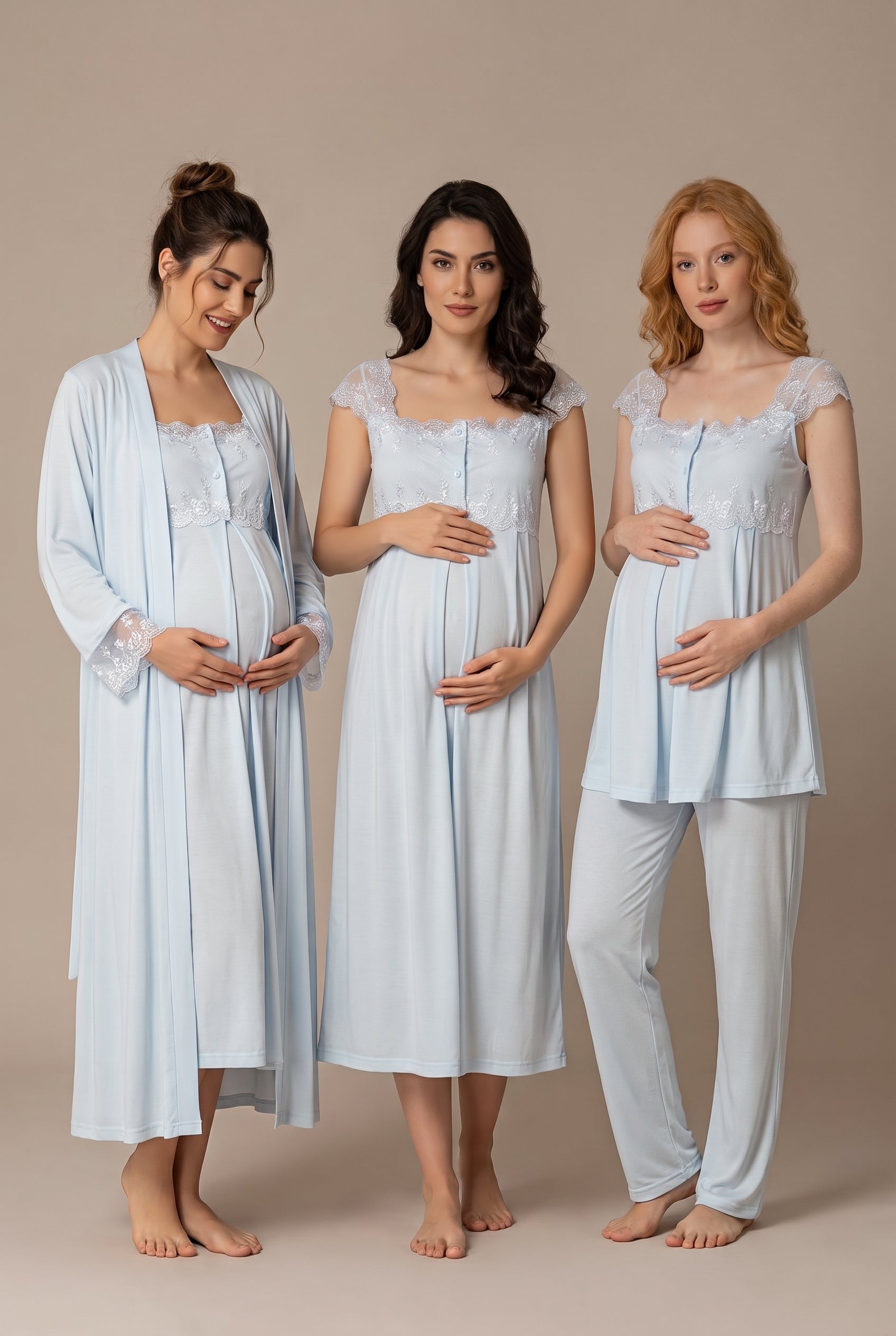 Şık Tasarım Askılı Ayarlanabilir Bel Özellikli Lohusa Hamile Sabahlık Gecelik Pijama 4'Lü Set 02305