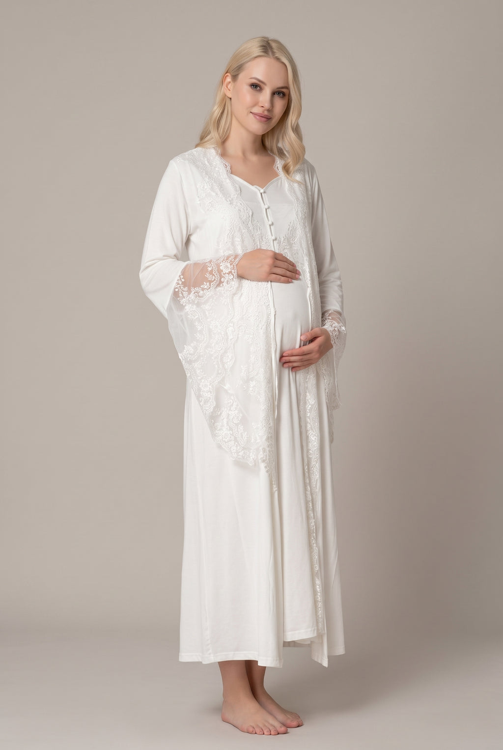 Şık Tasarım Baby Shower Prenses Kol Tasarımlı Pamuklu Lohusa Hamile Sabahlıklı Gecelik Seti 03010