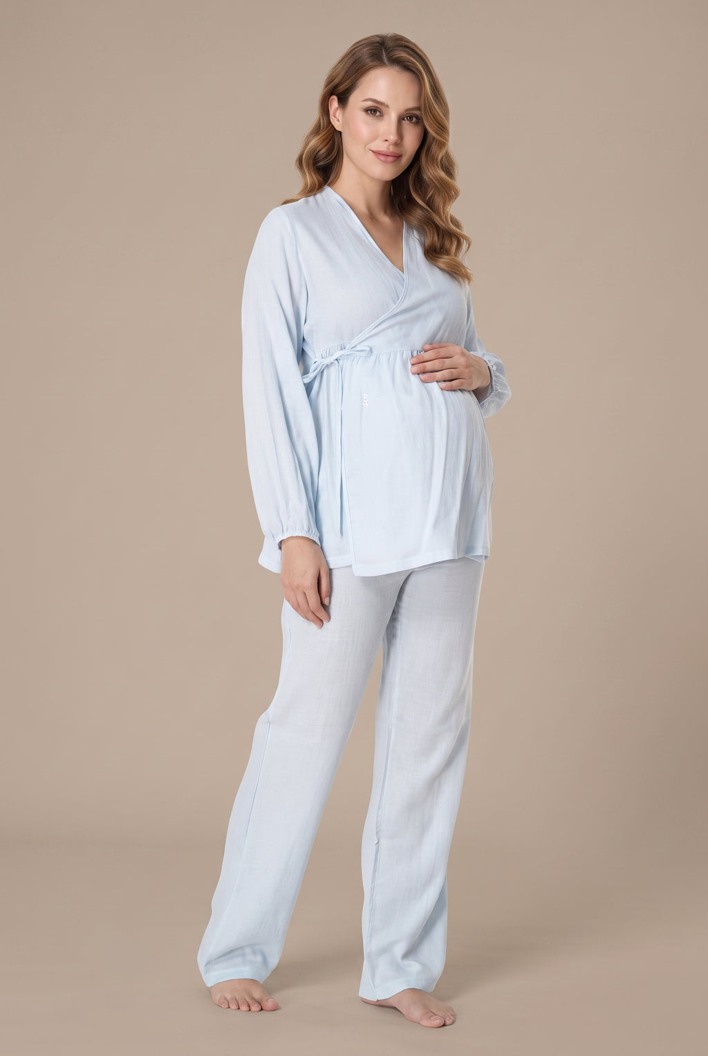 Şık Tasarım Müslin Kumaş Ayarlanabilir Bel Özellikli Emzirme Kolaylıgı Saglayan Pamuk Lohusa Hamile Pijama Takımı 03087