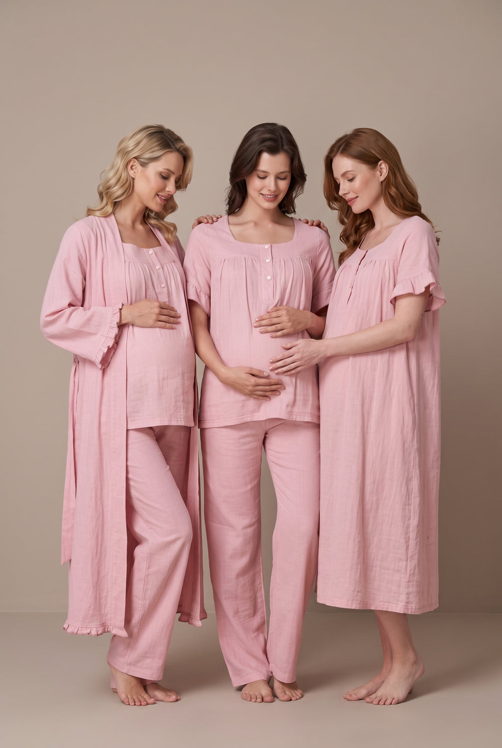 Şık Tasarım Müslin Kumaş Emzirme Kolaylıgı Saglayan Ayarlanabilir Bel Özellikli Pamuklu Lohusa Hamile Sabahlıklı Gecelik Pijama Seti 03086