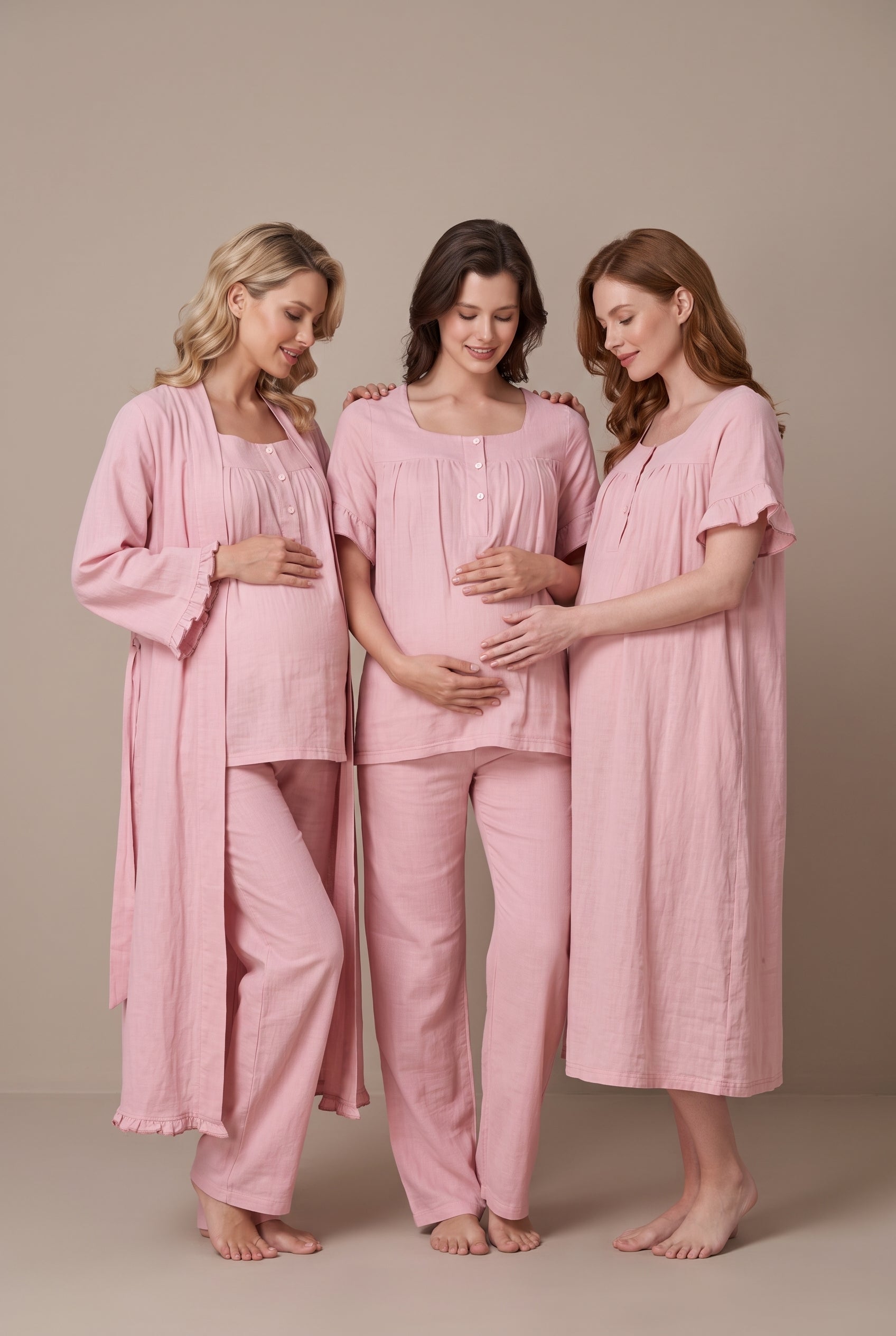 Şık Tasarım Müslin Kumaş Emzirme Kolaylıgı Saglayan Ayarlanabilir Bel Özellikli Pamuklu Lohusa Hamile Sabahlıklı Gecelik Pijama Seti 03086