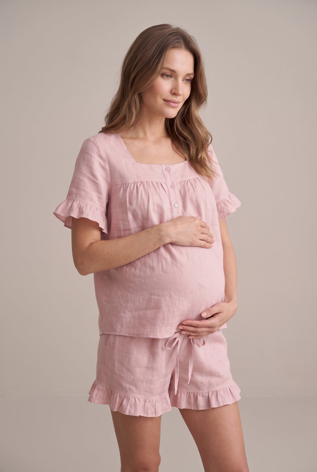 Şık Tasarım Müslin Kumaş Emzirme Kolaylıgı Saglayan Ayarlanabilir Bel Özellikli Pamuk Lohusa Hamile Şortlu Pijama Takımı 01062
