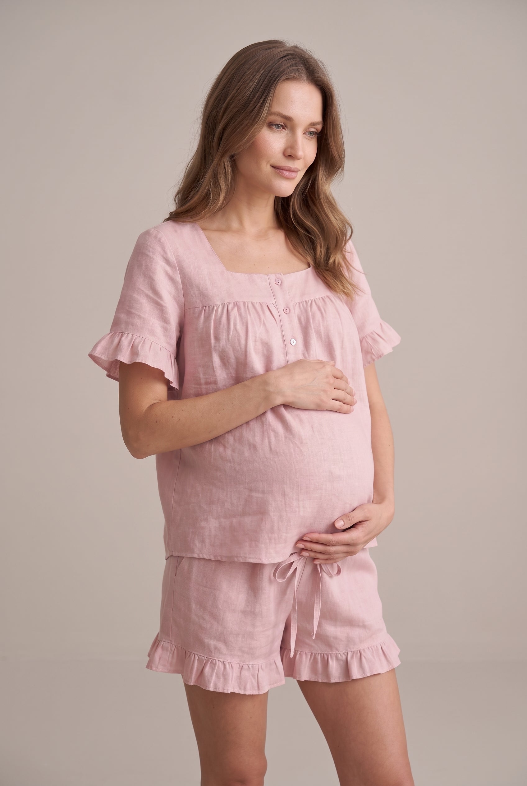 Şık Tasarım Müslin Kumaş Emzirme Kolaylıgı Saglayan Ayarlanabilir Bel Özellikli Pamuk Lohusa Hamile Şortlu Pijama Takımı 01062