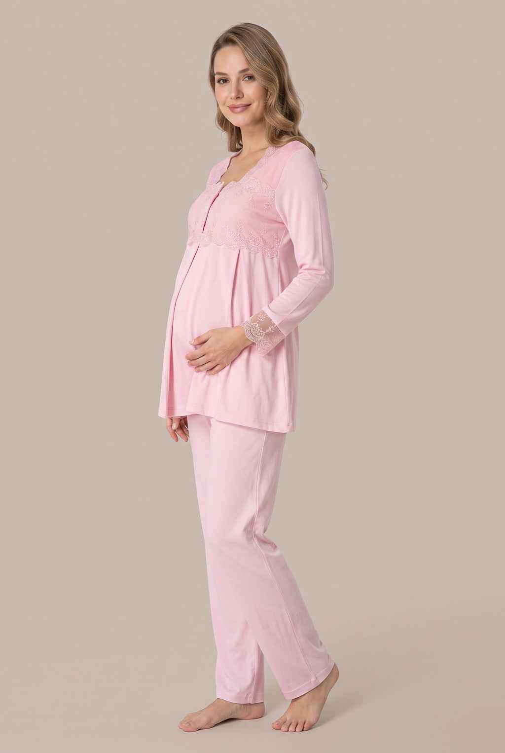 Şık Tasarım Dantel Detaylı Emzirme Kolaylıgı Saglayan Ayarlanabilir Bel Özellikli Pamuklu Pijama Takımı 02403