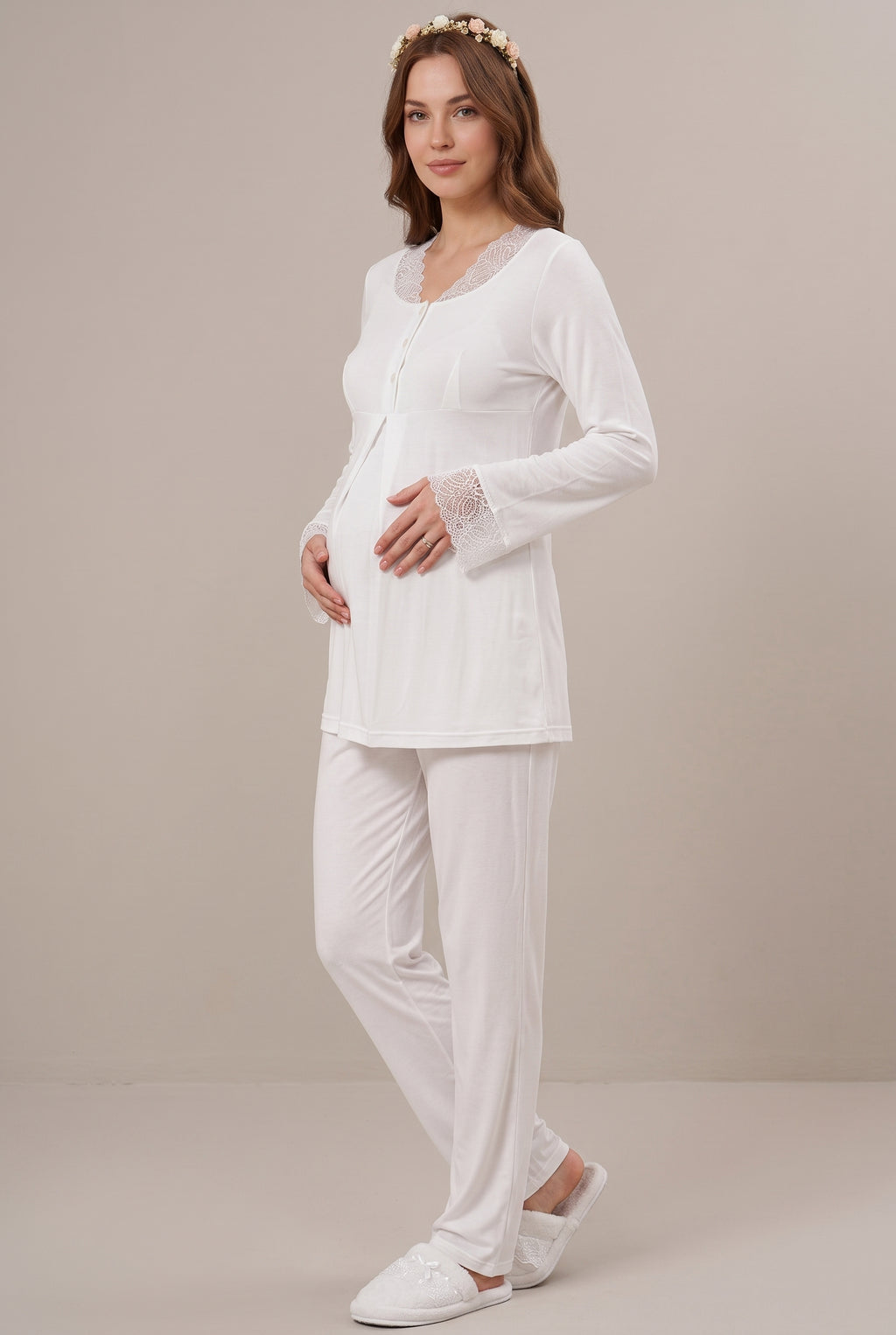 Şık Tasarım Dantel Detaylı Emzirme Kolaylıgı Saglayan Pamuklu Lohusa Hamile Pijama Takımı 05808
