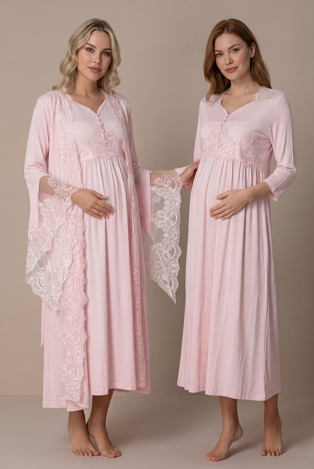 Şık Tasarım Baby Shower Prenses Kol Tasarımlı Pamuklu Lohusa Hamile Sabahlıklı Gecelik Seti 03010