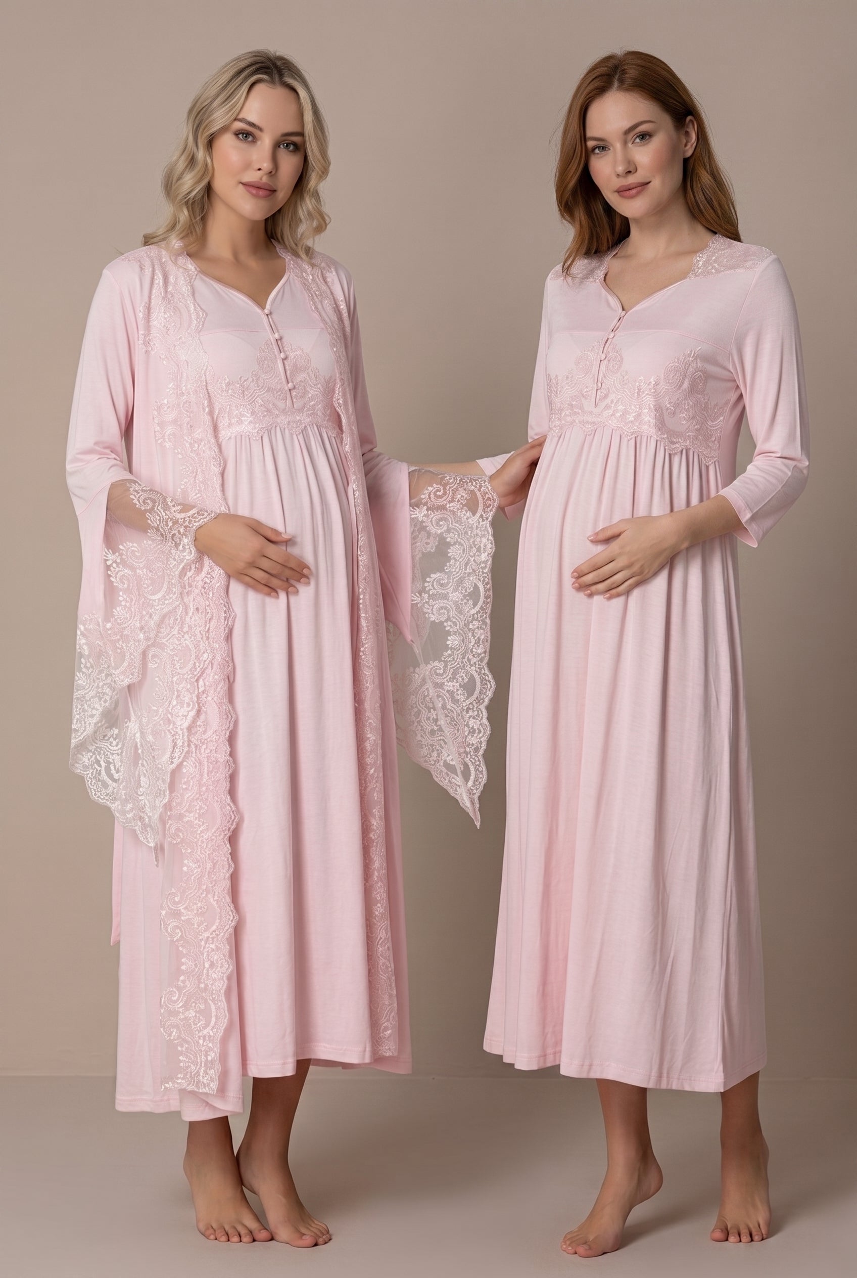 Şık Tasarım Baby Shower Prenses Kol Tasarımlı Pamuklu Lohusa Hamile Sabahlıklı Gecelik Seti 03010