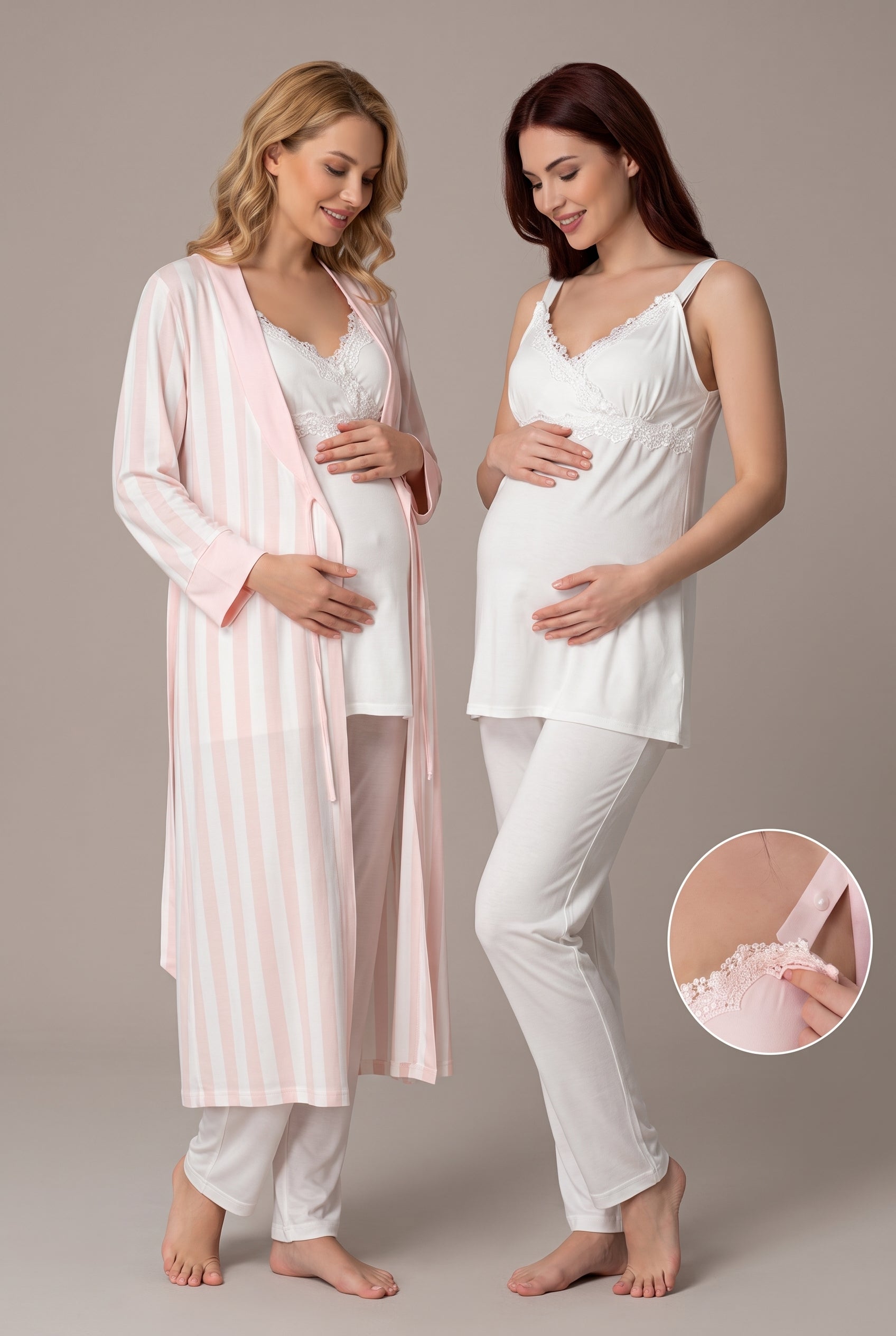 Şık Tasarım Askılı Ayarlanabilir Askı Ve Bel Özellikli Pamuklu Lohusa Hamile Sabahlıklı Pijama Takımı 09034