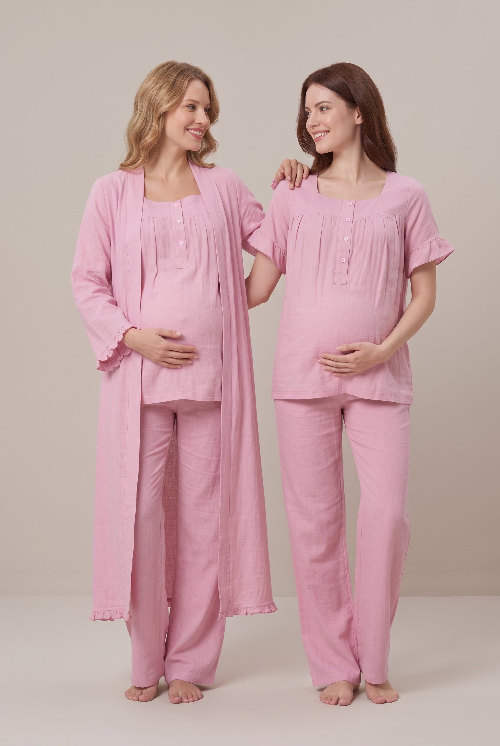 Şık Tasarım Müslin Kumaş Emzirme Kolaylıgı Saglayan  Ayarlanabilir Bel Özellikli Pamuk Lohusa Hamile Sabahlıklı Pijama Takımı 03084