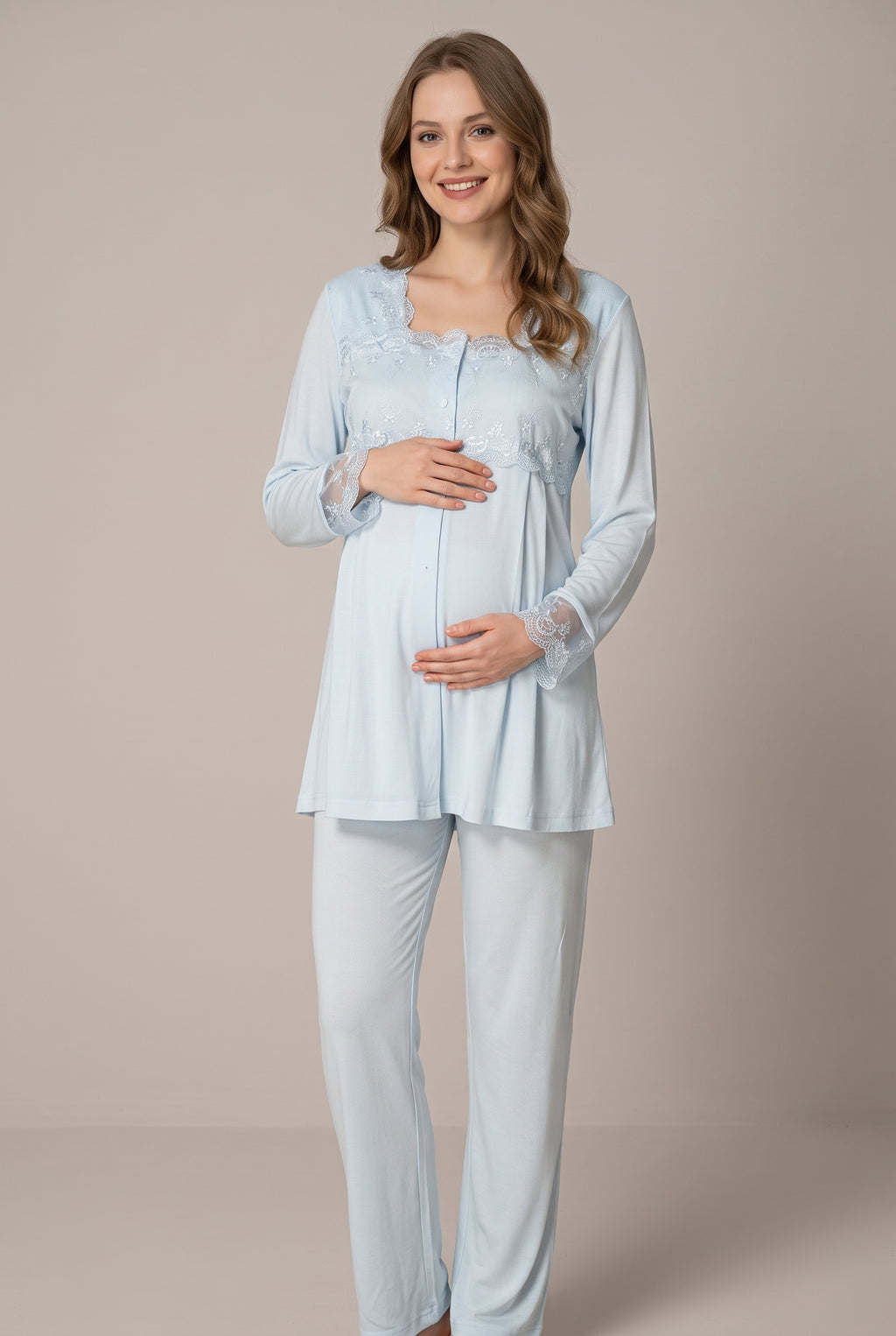Şık Tasarım Dantel Detaylı Emzirme Kolaylıgı Saglayan Ayarlanabilir Bel Özellikli Pamuklu Pijama Takımı 02403