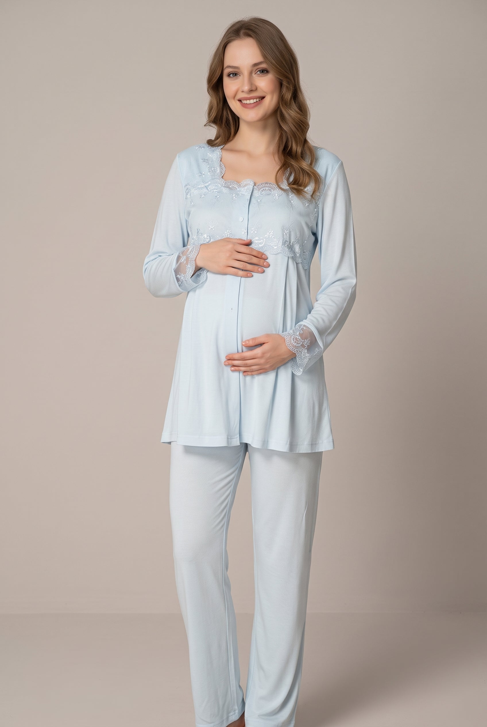 Şık Tasarım Dantel Detaylı Emzirme Kolaylıgı Saglayan Ayarlanabilir Bel Özellikli Pamuklu Pijama Takımı 02403