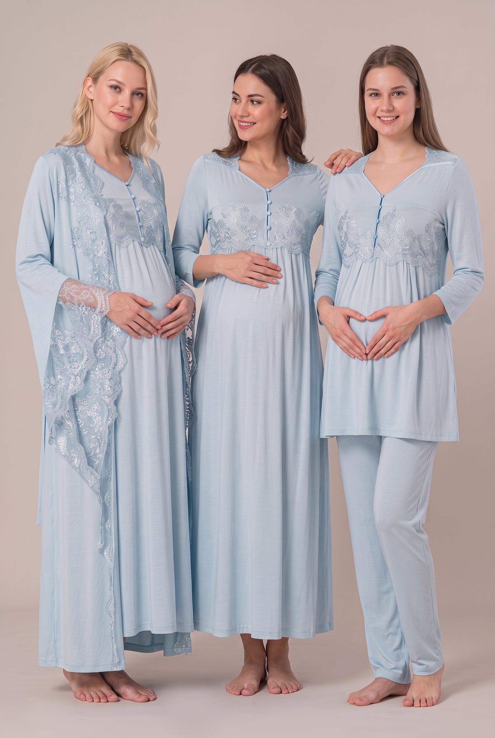 Şık Tasarım Prenses Kol Emzirme Kolaylıgı Saglayan Ayarlanabilir Bel Özellikli Pamuklu Lohusa Hamile Sabahlıklı Gecelik Pijama Seti 03014
