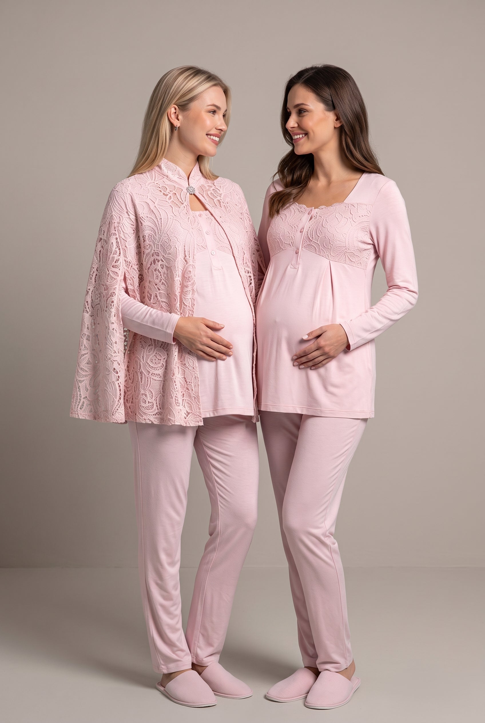 Şık Tasarım Dantel Sabahlıklı Ayarlanabilir Bel Özellikli Pamuklu Lohusa Hamile Sabahlıklı Pijama Takımı 06402