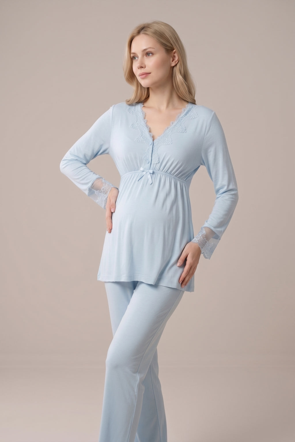 Şık Tasarım Dantel Detaylı Ayarlanabilir Bel Özellikli Emzirme Kolaylıgı Saglayan Pamuklu Lohusa Hamile Pijama Takımı 08092