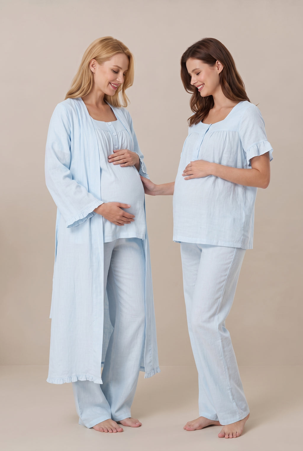 Şık Tasarım Müslin Kumaş Emzirme Kolaylıgı Saglayan  Ayarlanabilir Bel Özellikli Pamuk Lohusa Hamile Sabahlıklı Pijama Takımı 03084