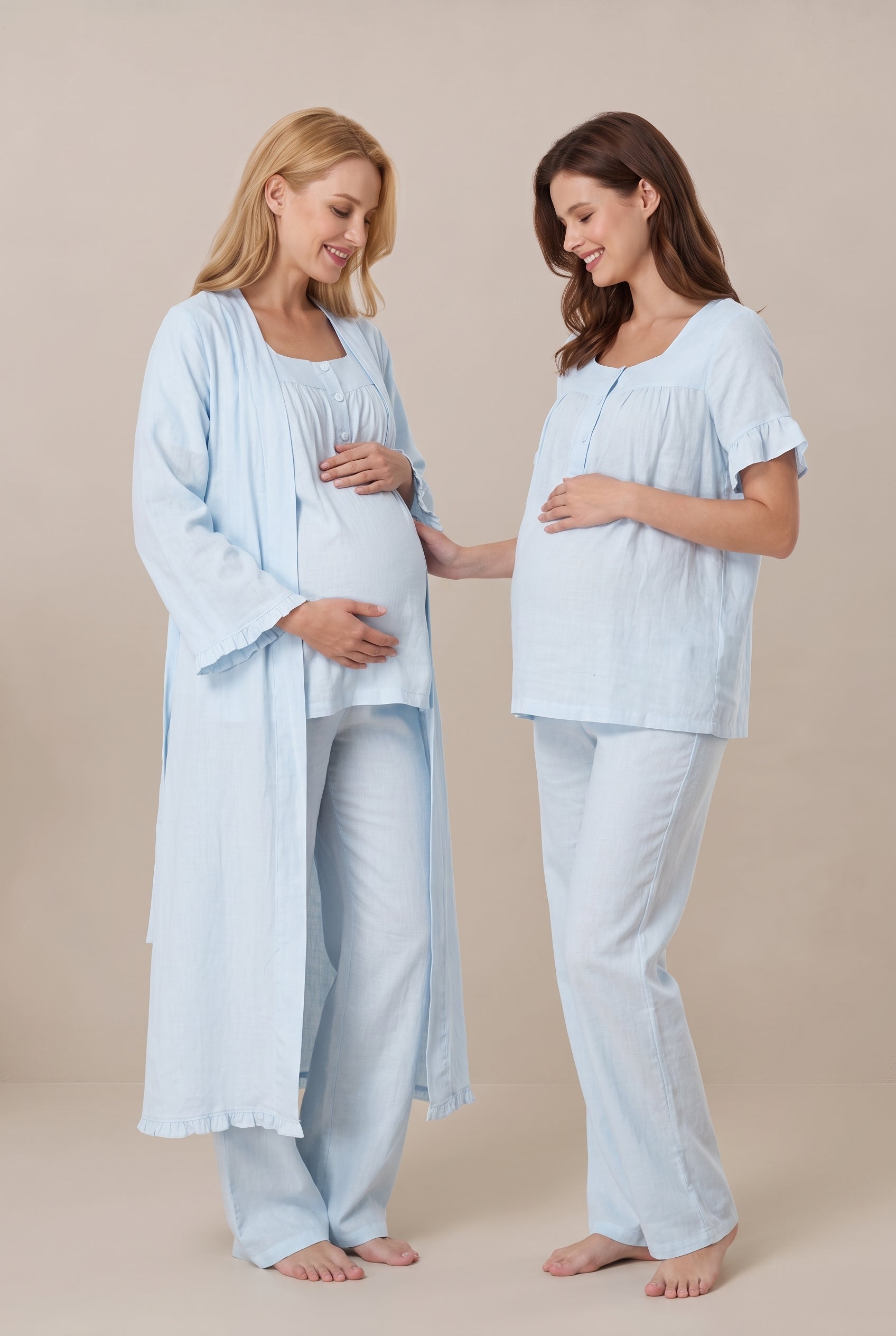 Şık Tasarım Müslin Kumaş Emzirme Kolaylıgı Saglayan  Ayarlanabilir Bel Özellikli Pamuk Lohusa Hamile Sabahlıklı Pijama Takımı 03084