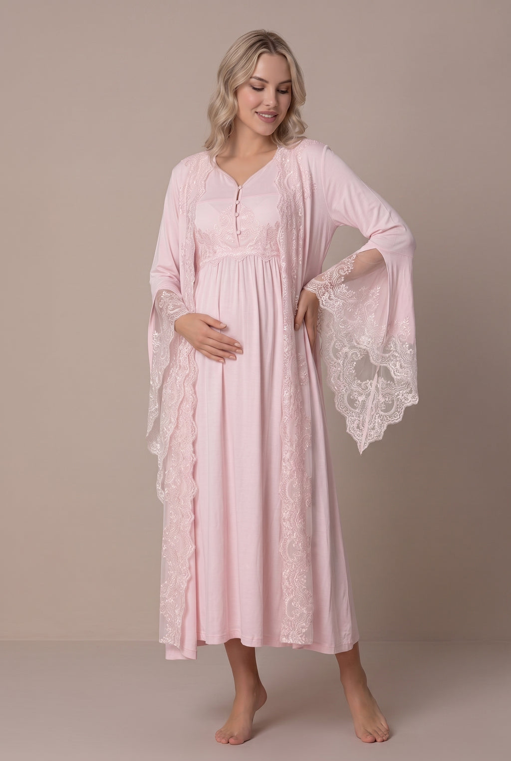Şık Tasarım Baby Shower Prenses Kol Tasarımlı Pamuklu Lohusa Hamile Sabahlıklı Gecelik Seti 03010