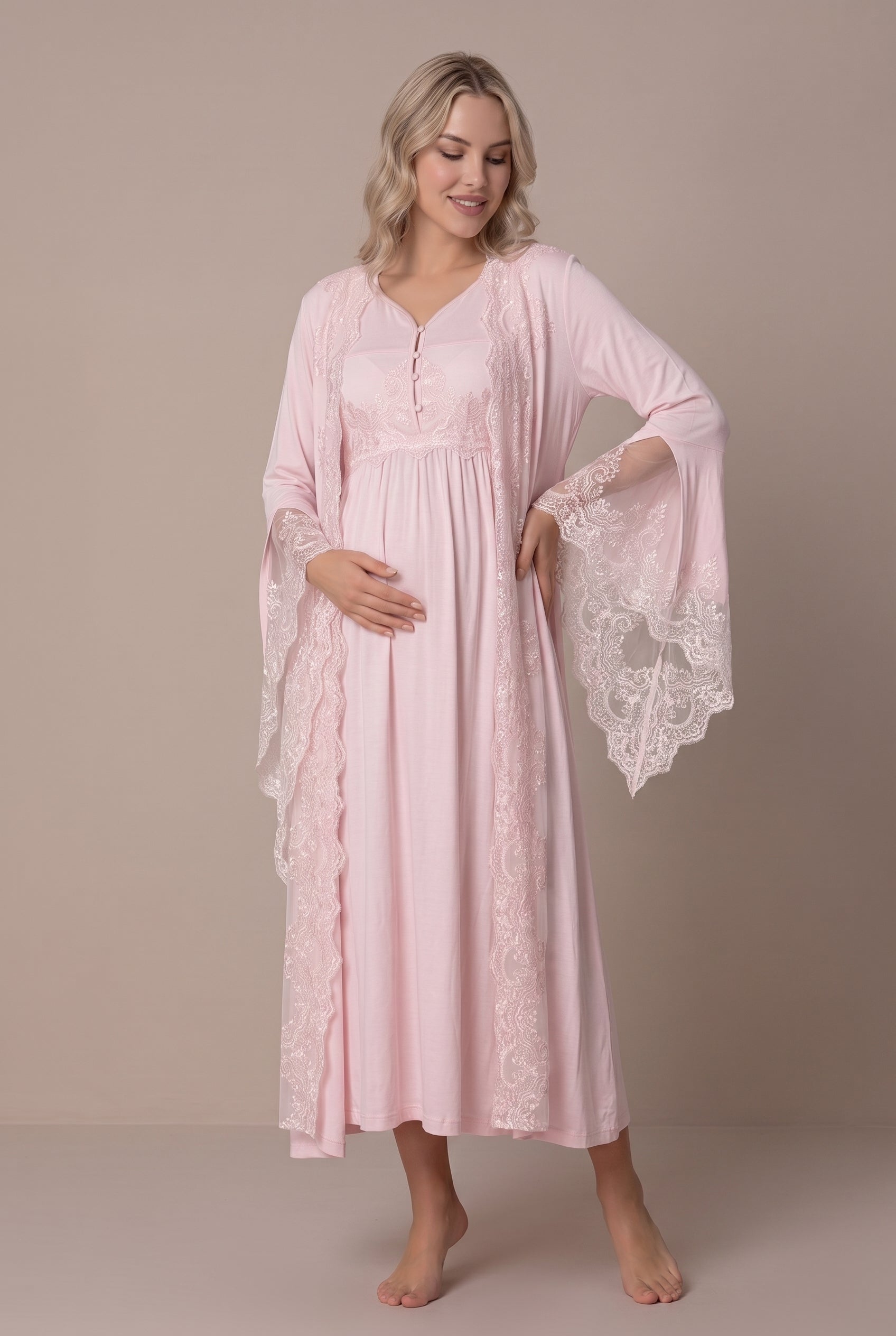 Şık Tasarım Baby Shower Prenses Kol Tasarımlı Pamuklu Lohusa Hamile Sabahlıklı Gecelik Seti 03010