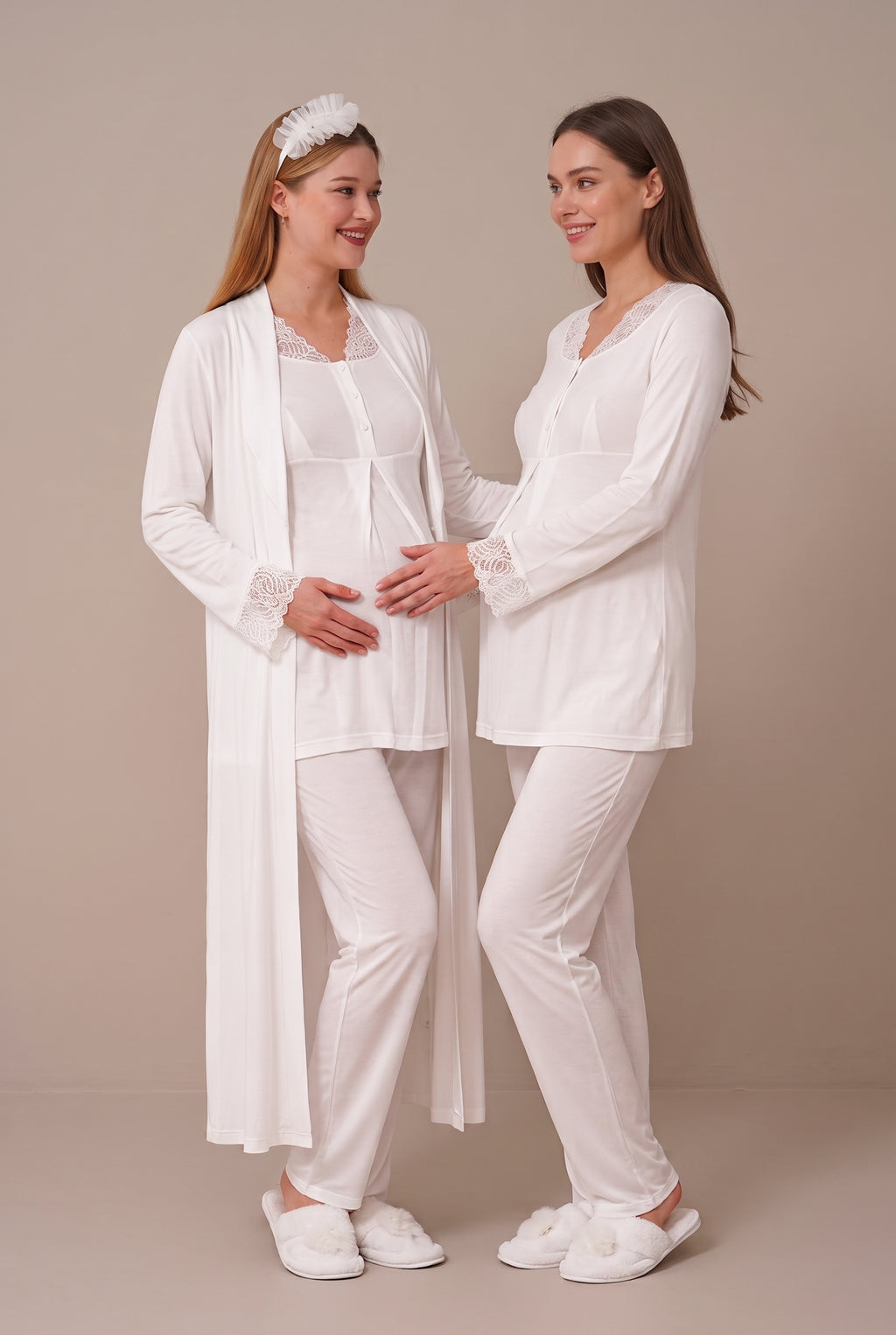 Şık Tasarım Dantel Detaylı Ayarlanabilir Bel Özellikli Pamuklu Emzirme Kolaylıgı Saglayan Lohusa Hamile Sabahlıklı Pijama Takımı 06330