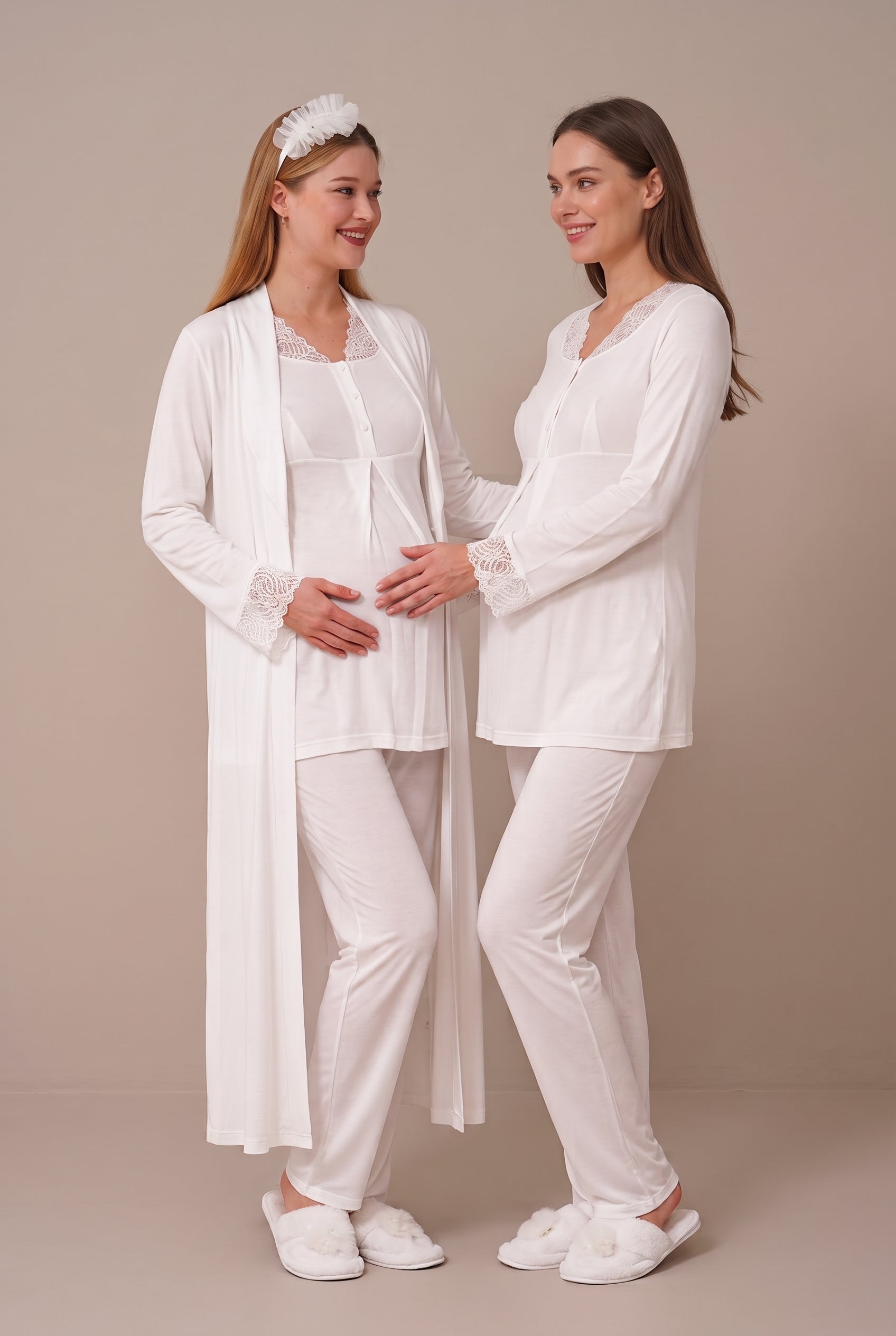 Şık Tasarım Dantel Detaylı Ayarlanabilir Bel Özellikli Pamuklu Emzirme Kolaylıgı Saglayan Lohusa Hamile Sabahlıklı Pijama Takımı 06330