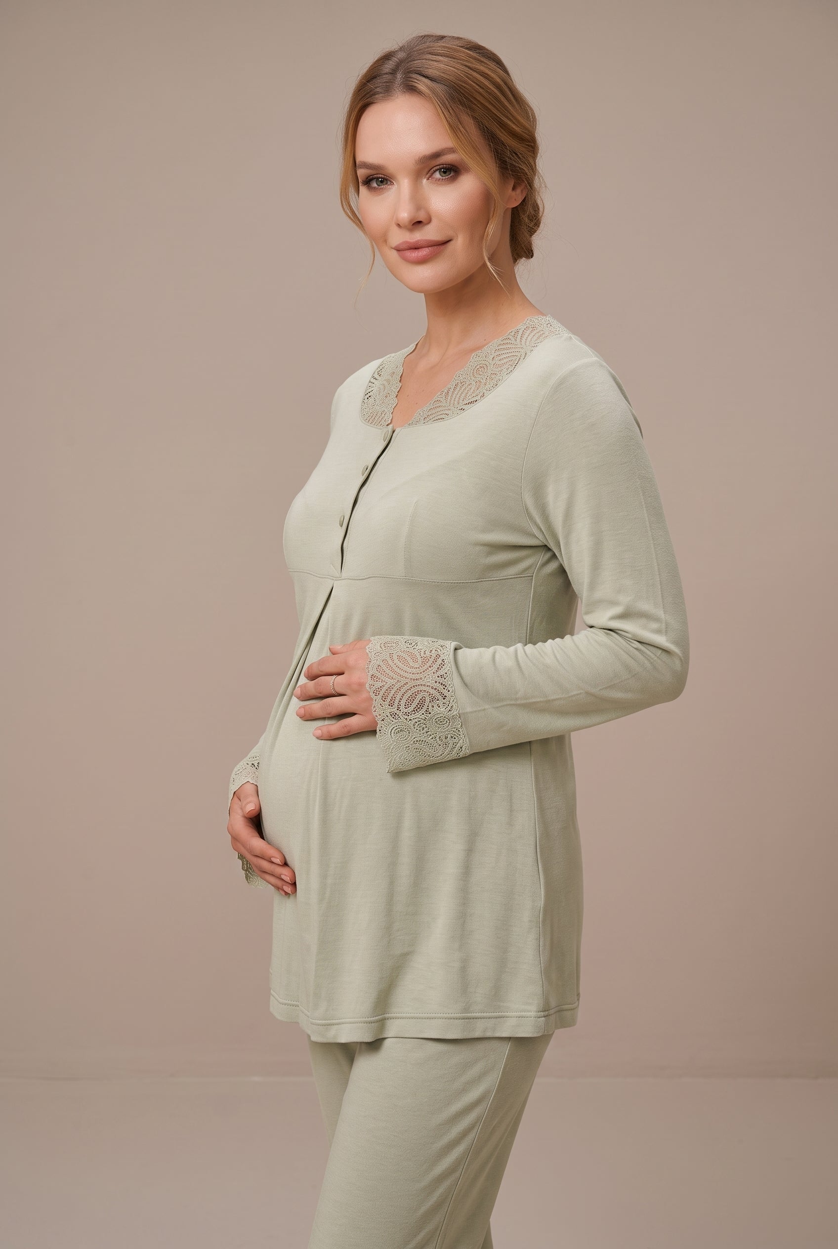 Şık Tasarım Dantel Detaylı Emzirme Kolaylıgı Saglayan Pamuklu Lohusa Hamile Pijama Takımı 05808