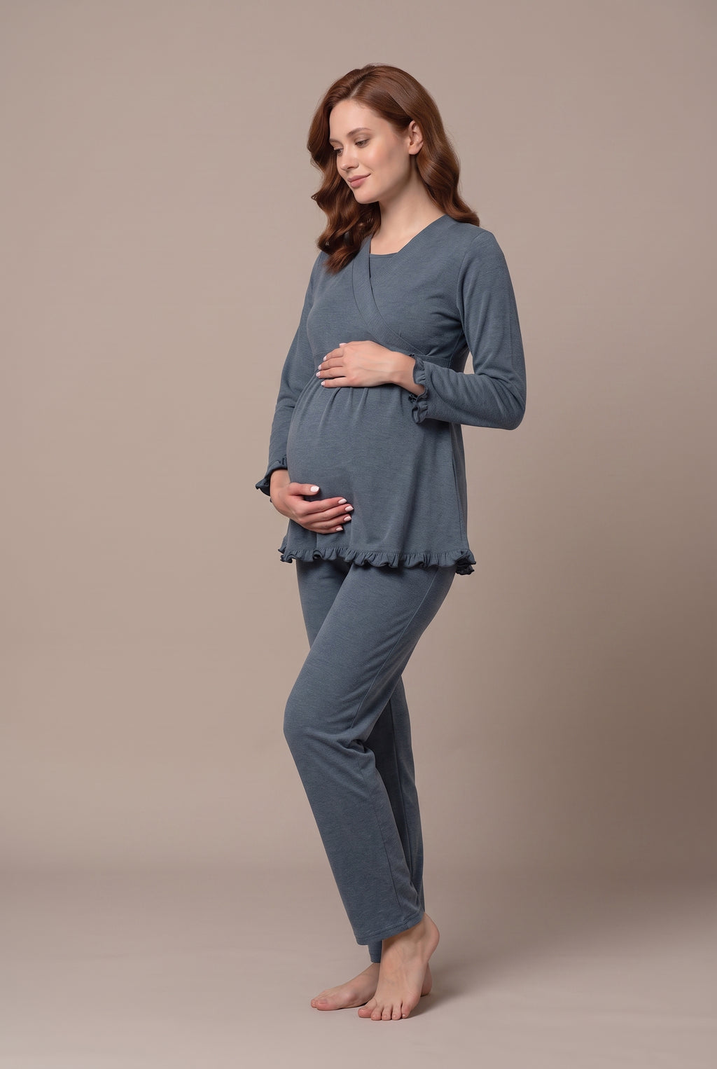 Şık Tasarım Kruvaze Yaka Emzirme Kolaylıgı Saglayan Ayarlanabilir Bel Özellikli Pamuklu Lohusa Hamile Sabahlıklı Pijama Takımı 04044