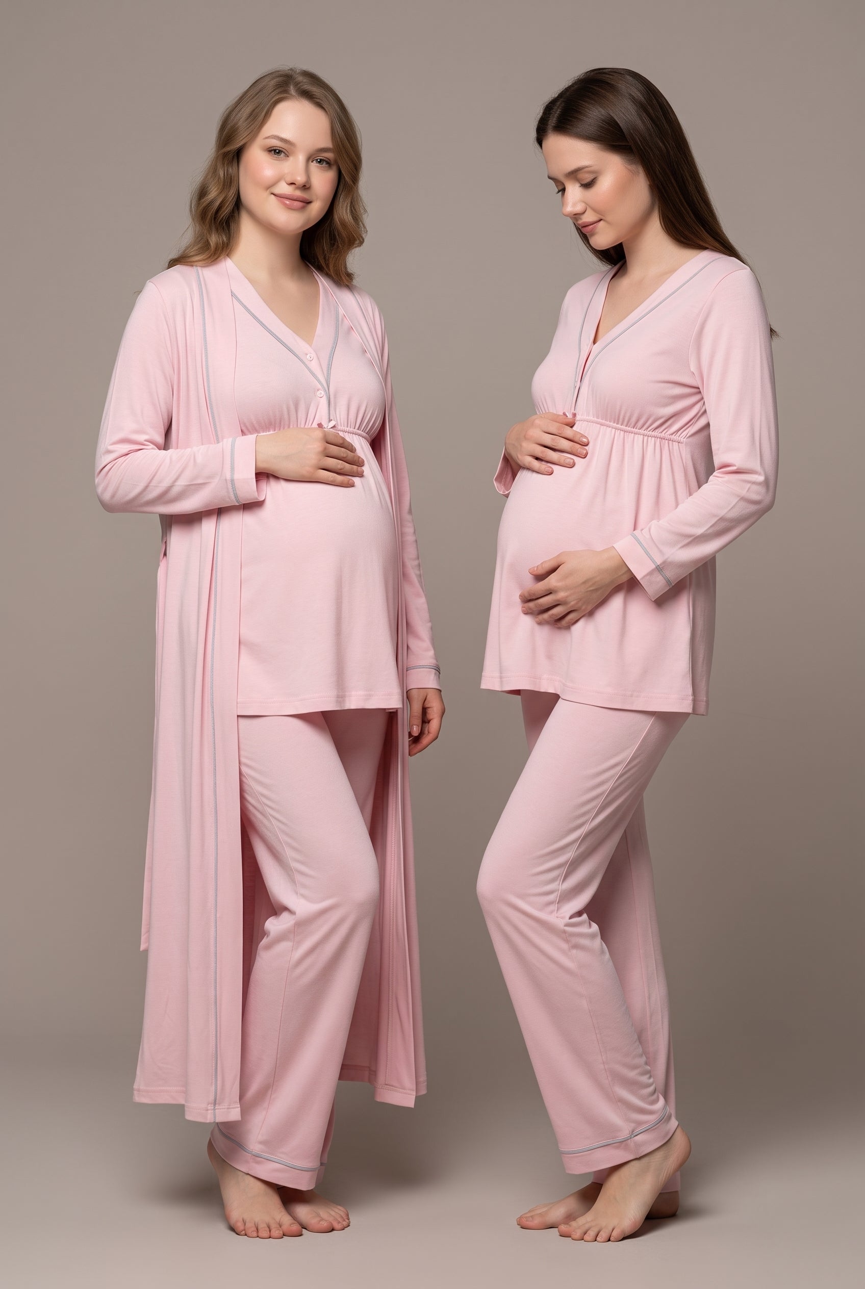 Şık Tasarım Uzun Sabahlıklı Emzirme Kolaylıgı Saglayan Ayarlanabilir Bel Özellikli Pamuklu Sabahlıklı Pijama Takımı 04054