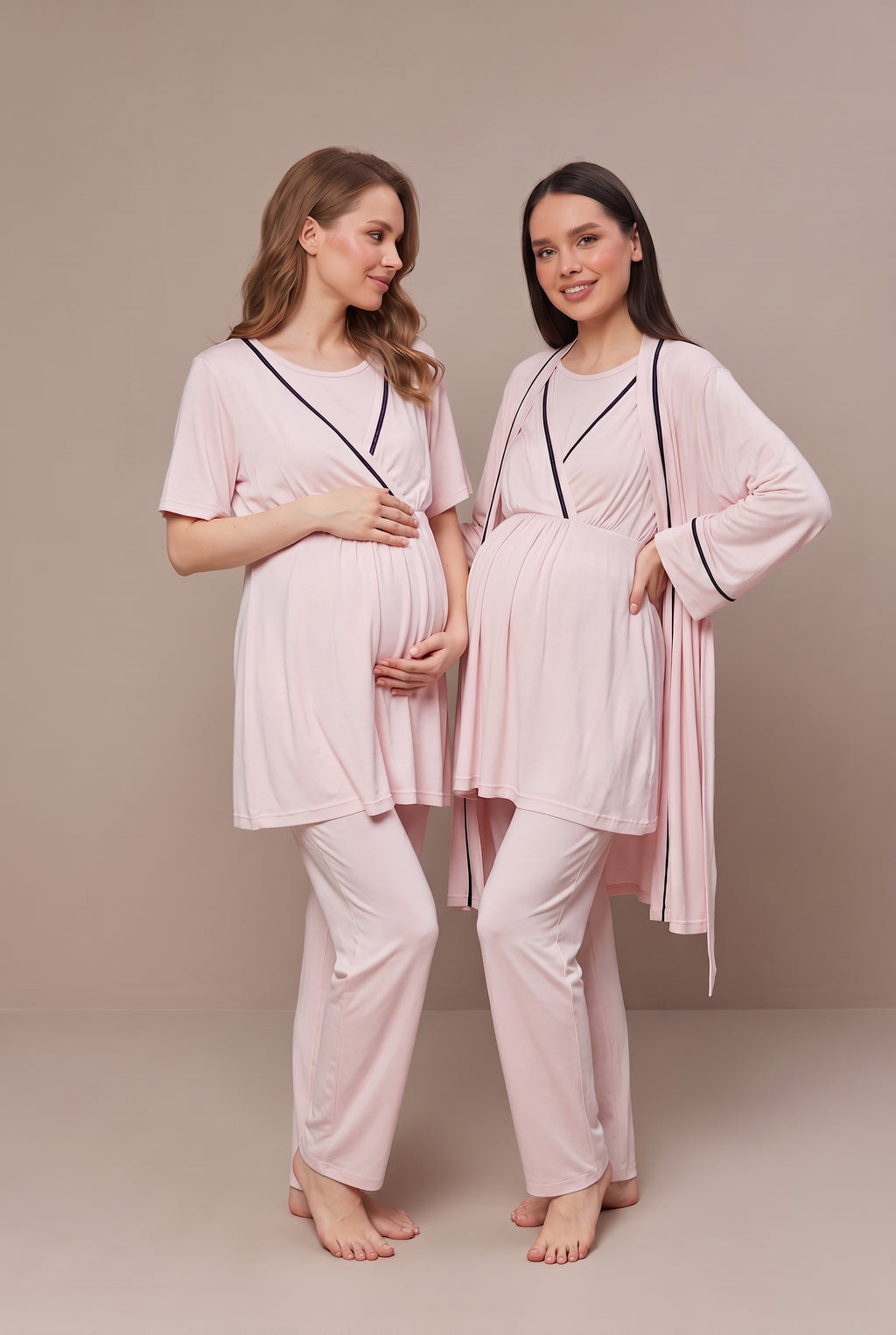 Şık Tasarım Kruvaze Yaka Ayarnabilir Bel Özellikli Pamuklu Lohusa Hamile Sabahlıklı Pijama Seti 0808