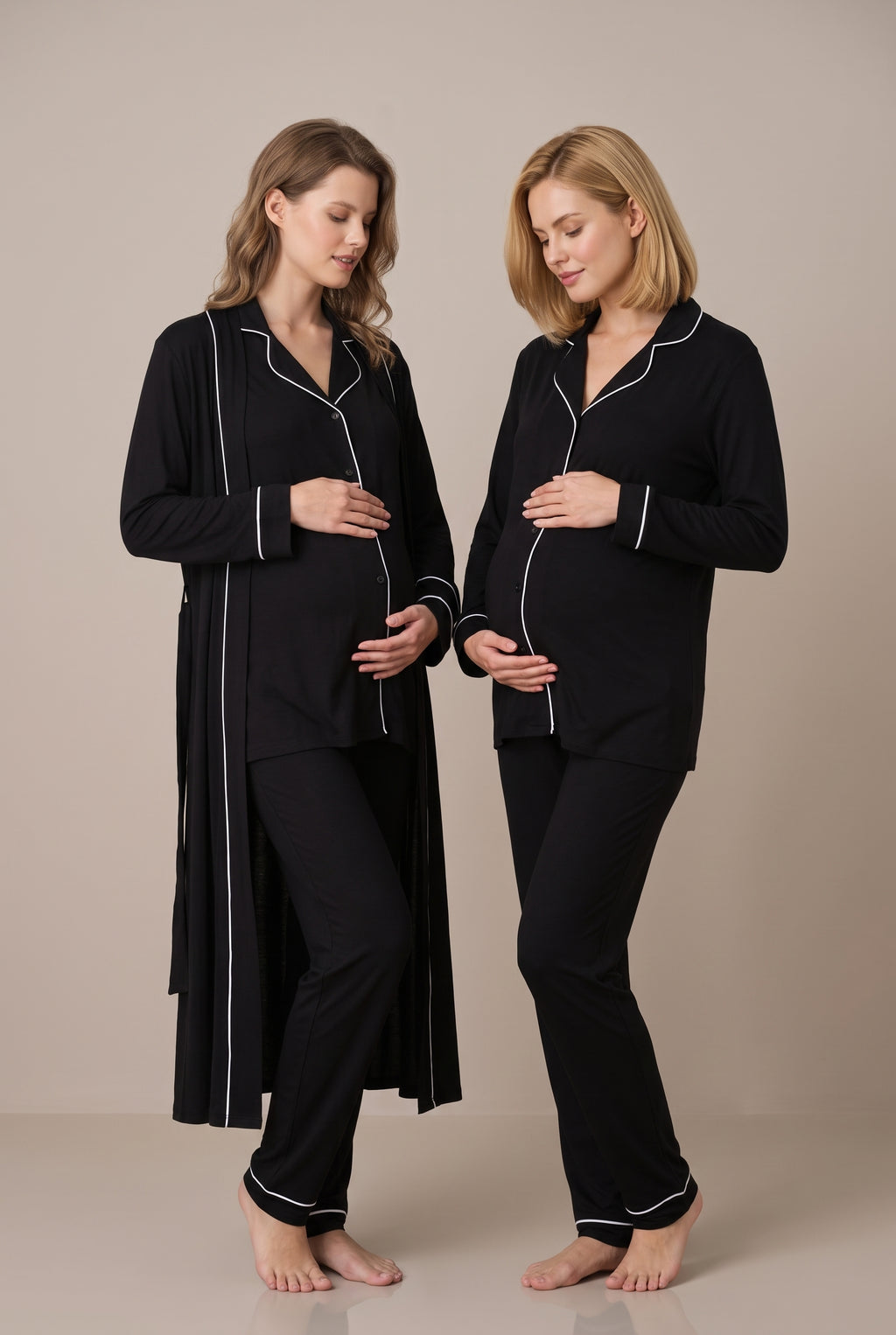 Şık Tasarım Önden Dügmeli Ayarlanabilir Bel Özellikli Emzirme Kolaylıgı Saglayan Pamuklu Lohusa Hamile Sabahlıklı Pijama Takımı 08098