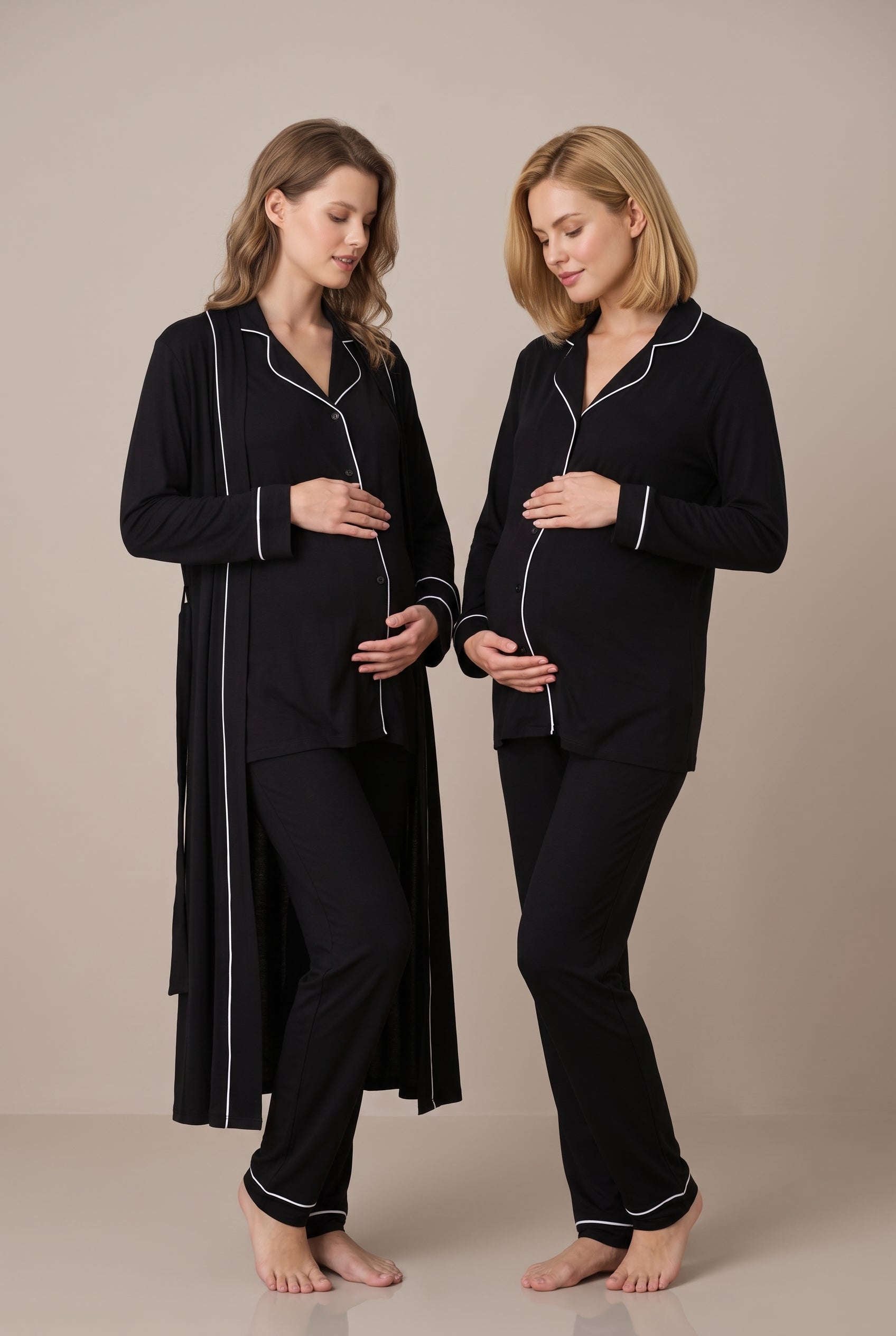 Şık Tasarım Önden Dügmeli Ayarlanabilir Bel Özellikli Emzirme Kolaylıgı Saglayan Pamuklu Lohusa Hamile Sabahlıklı Pijama Takımı 08098
