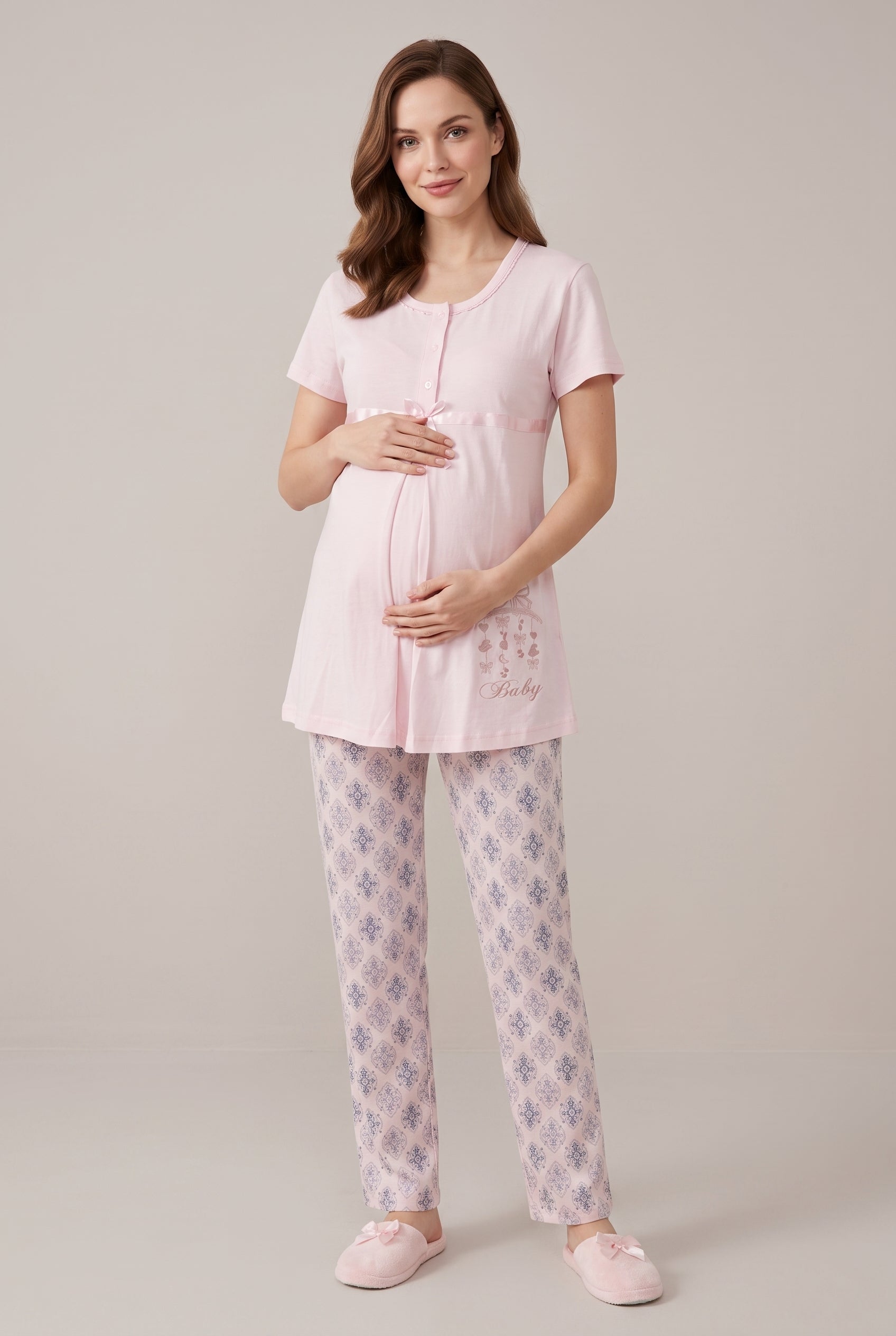Şık Tasarım Desenli Emzirme Kolaylıgı Saglayan Pamuklu Lohusa Hamile Pijama Takımı 06350