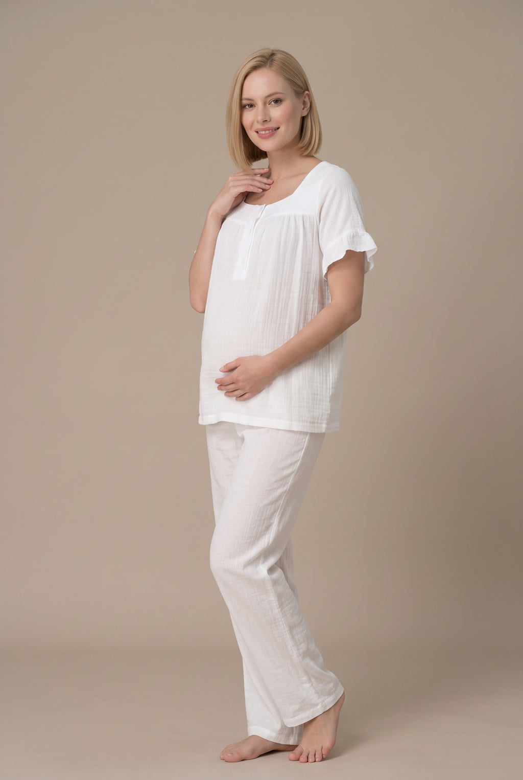 Şık Tasarım Müslin Kumaş Emzirme Kolaylıgı Saglayan  Ayarlanabilir Bel Özellikli Pamuk Lohusa Hamile Sabahlıklı Pijama Takımı 03084