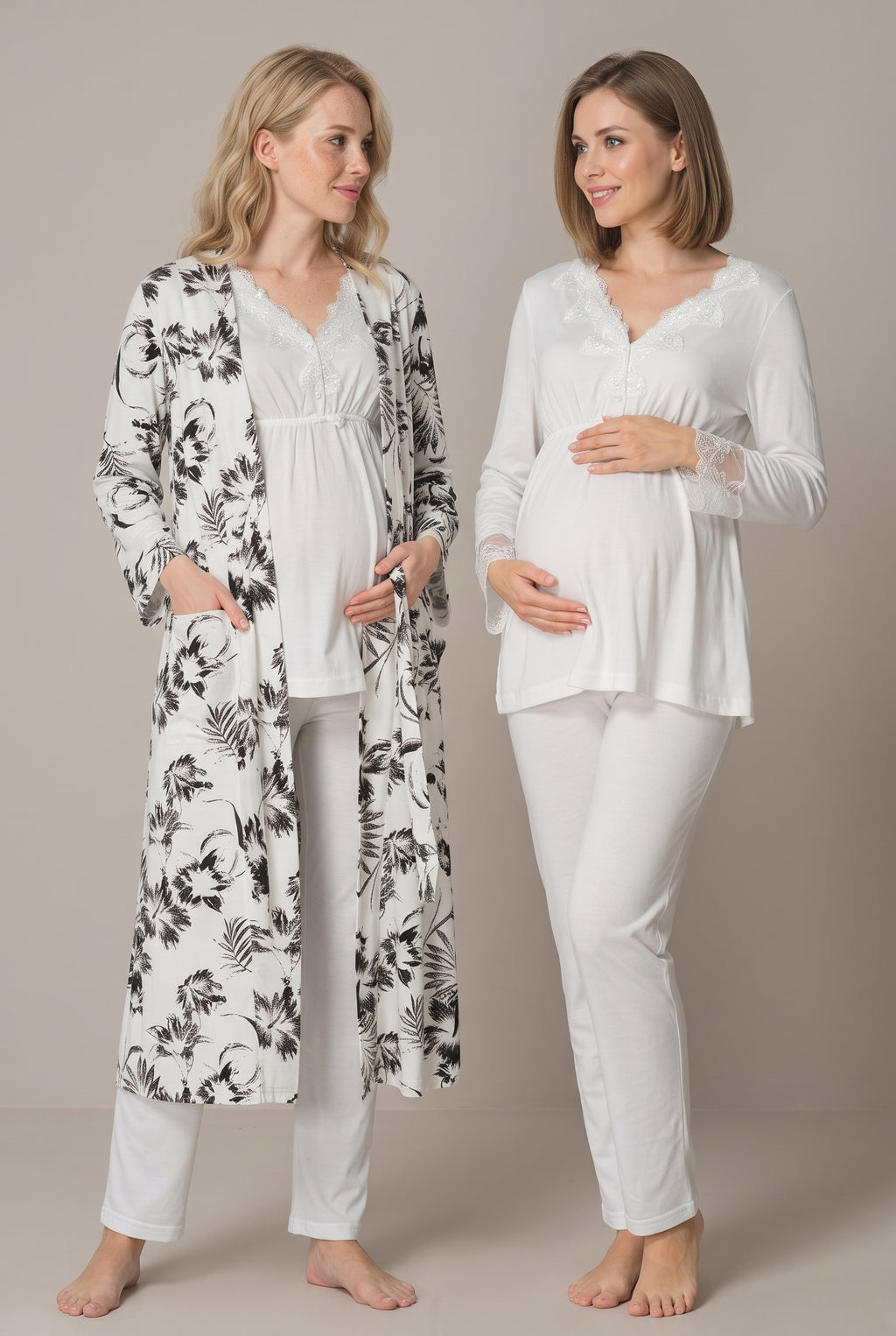 Şık Tasarım Desenli Dantel Detaylı Ayarlanabilir Bel Özellikli Emzirme Kolaylıgı Saglayan Lohusa Hamile Sabahlıklı Pijama Takımı 08094