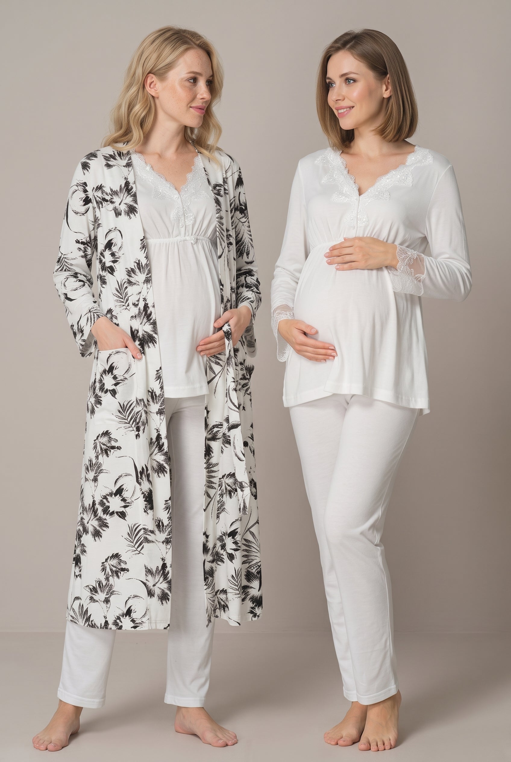 Şık Tasarım Desenli Dantel Detaylı Ayarlanabilir Bel Özellikli Emzirme Kolaylıgı Saglayan Lohusa Hamile Sabahlıklı Pijama Takımı 08094