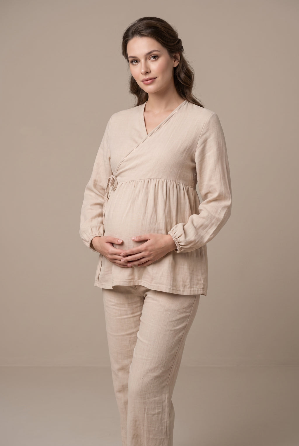 Şık Tasarım Müslin Kumaş Ayarlanabilir Bel Özellikli Emzirme Kolaylıgı Saglayan Pamuk Lohusa Hamile Pijama Takımı 03087