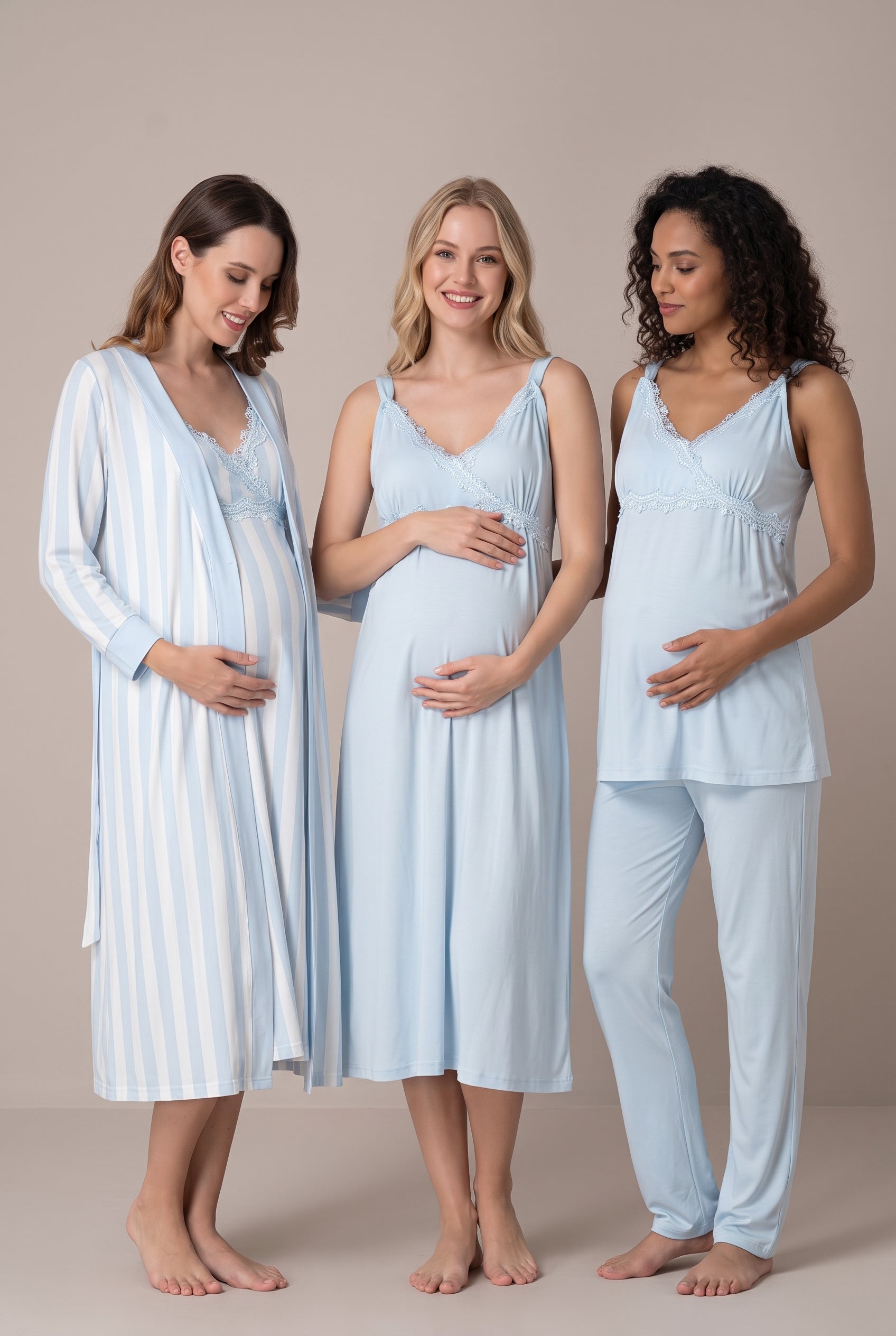Şık Tasarım Ayarlanabilir Askılı Dantel Detaylı Pamuklu Lohusa Hamile Sabahlık Gecelik Pijama Set 09036