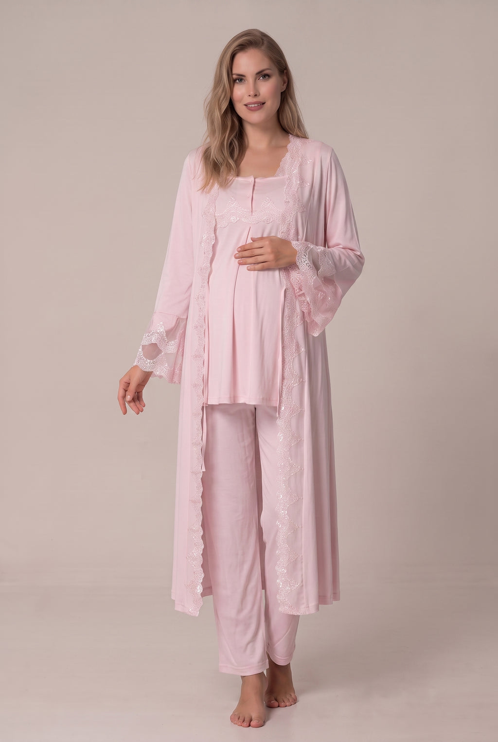 Şık Tasarım Volan Kollu Emzirme Kolaylıgı Saglayan Ayarlanabilir Bel Özellikli Pamuklu Lohusa Hamile Sabahlıklı Pijama Takımı 07014