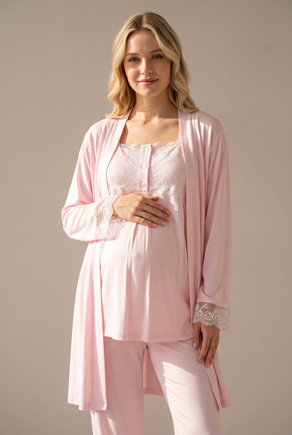 Şık Tasarım Dantel Detaylı Ayarlanabilir Bel Özellikli Pamuklu Lohusa Hamile Sabahlıklı Pijama Seti 02301