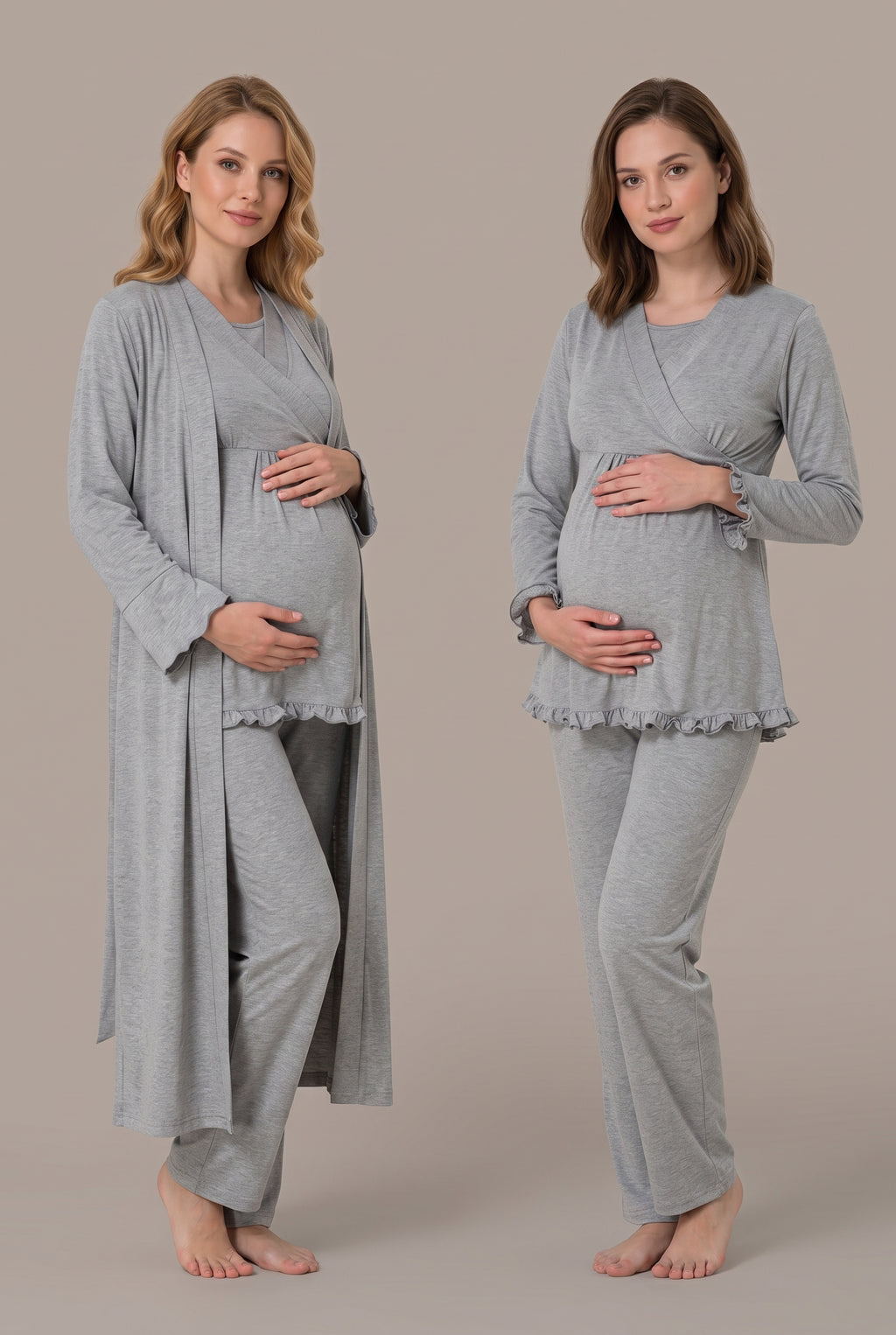 Şık Tasarım Kruvaze Yaka Emzirme Kolaylıgı Saglayan Ayarlanabilir Bel Özellikli Pamuklu Lohusa Hamile Sabahlıklı Pijama Takımı 04044