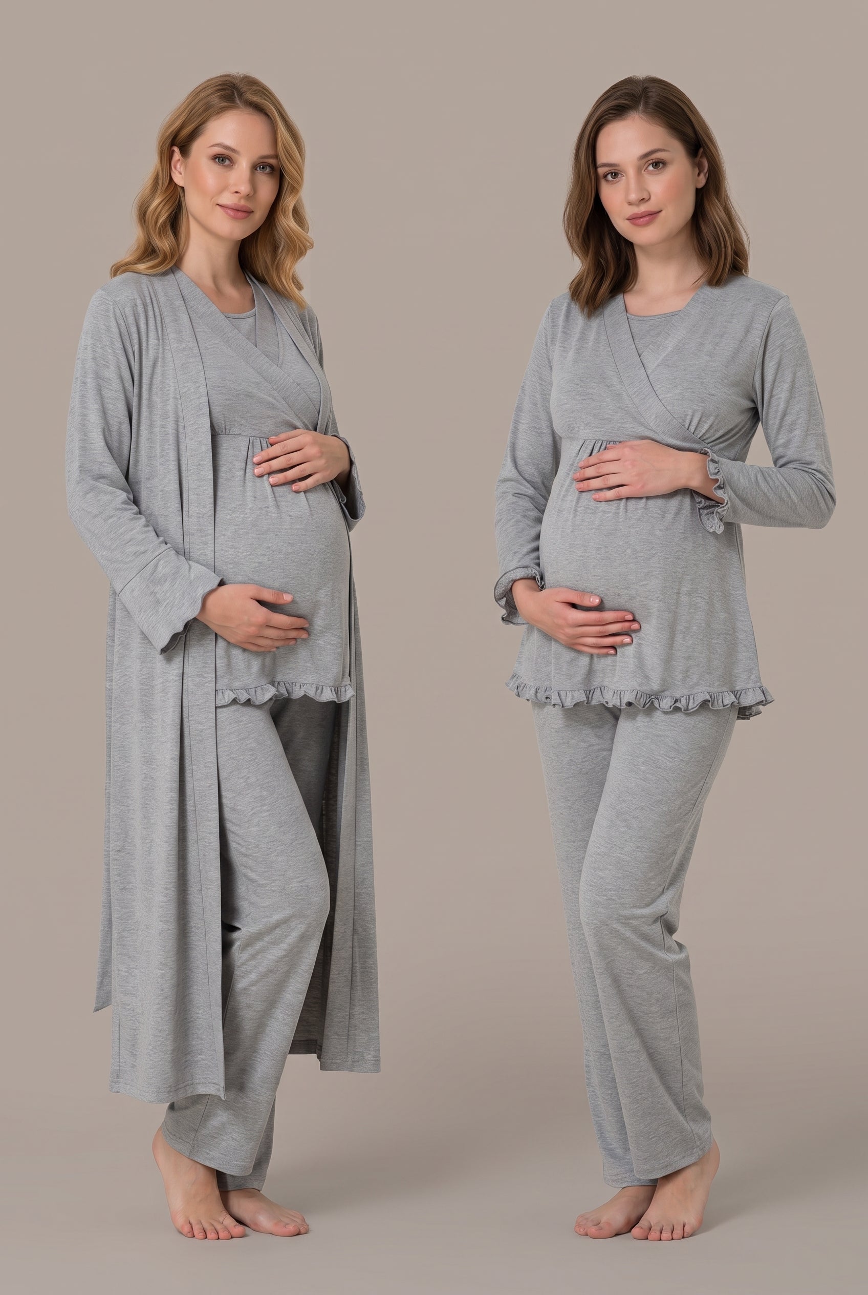 Şık Tasarım Kruvaze Yaka Emzirme Kolaylıgı Saglayan Ayarlanabilir Bel Özellikli Pamuklu Lohusa Hamile Sabahlıklı Pijama Takımı 04044