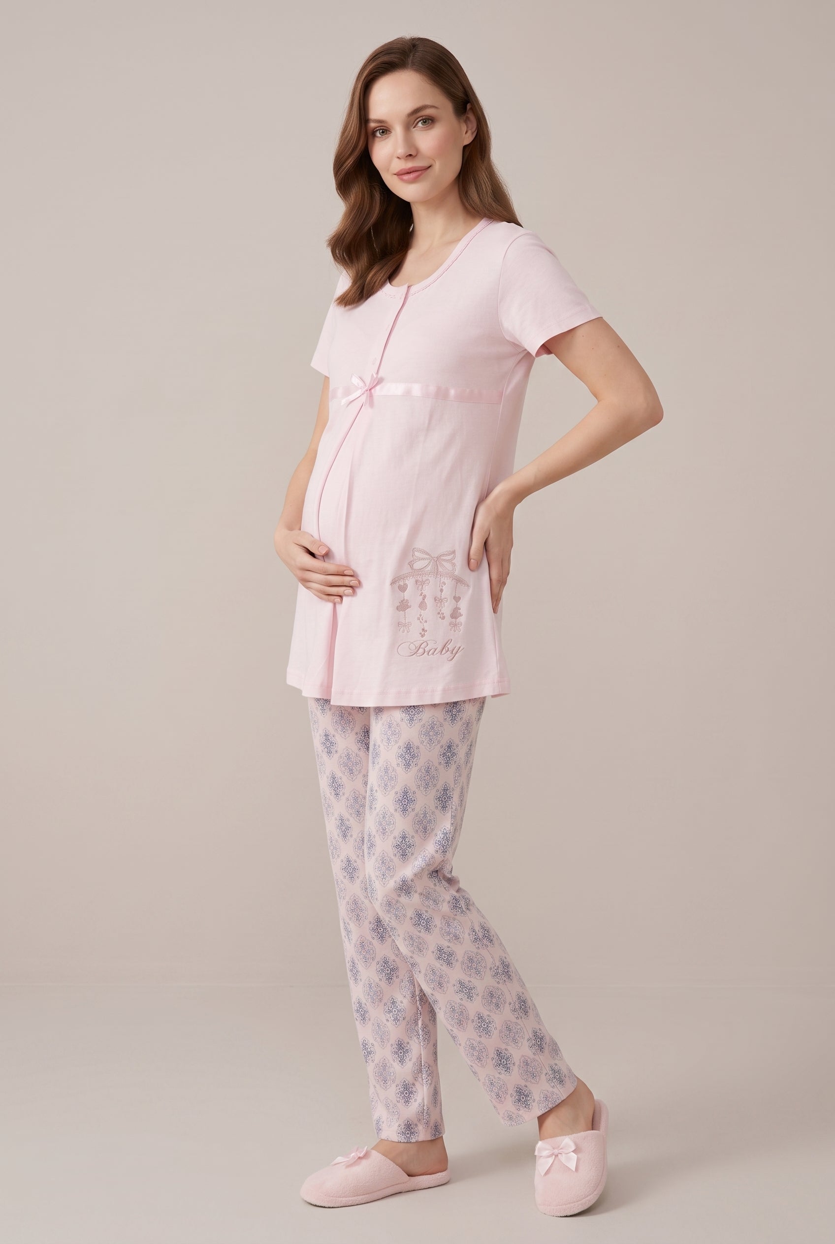 Şık Tasarım Desenli Emzirme Kolaylıgı Saglayan Pamuklu Lohusa Hamile Pijama Takımı 06350