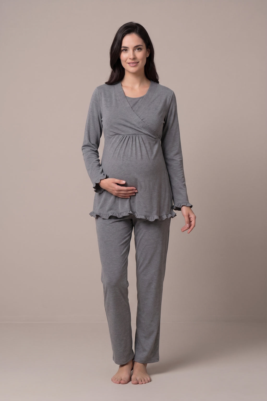Şık Tasarım Kruvaze Yaka Emzirme Kolaylıgı Saglayan Ayarlanabilir Bel Özellikli Pamuklu Lohusa Hamile Sabahlıklı Pijama Takımı 04044