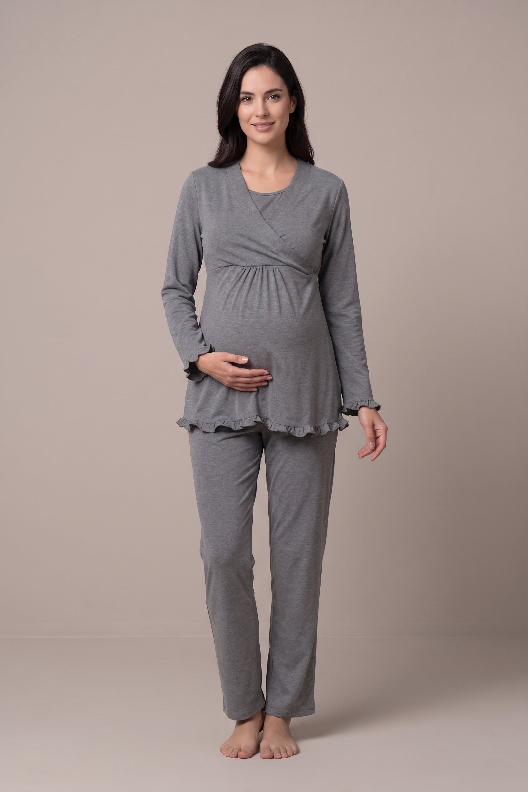 Şık Tasarım Kruvaze Yaka Emzirme Kolaylıgı Saglayan Ayarlanabilir Bel Özellikli Pamuklu Lohusa Hamile Sabahlıklı Pijama Takımı 04044