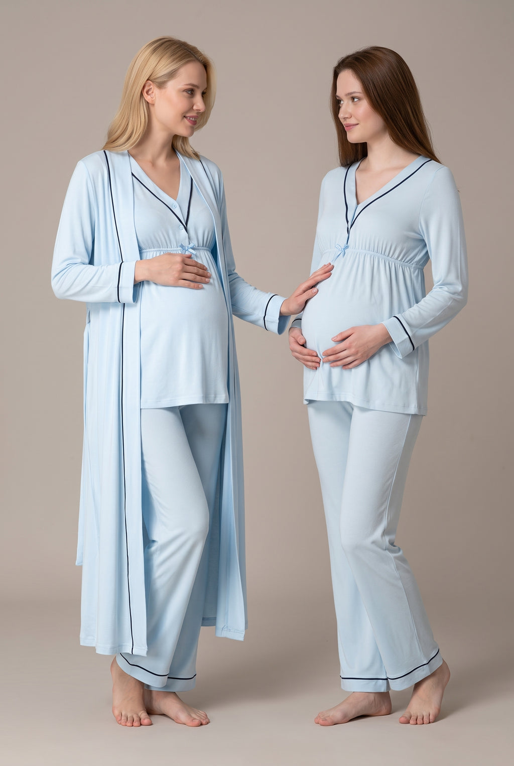 Şık Tasarım Uzun Sabahlıklı Emzirme Kolaylıgı Saglayan Ayarlanabilir Bel Özellikli Pamuklu Sabahlıklı Pijama Takımı 04054