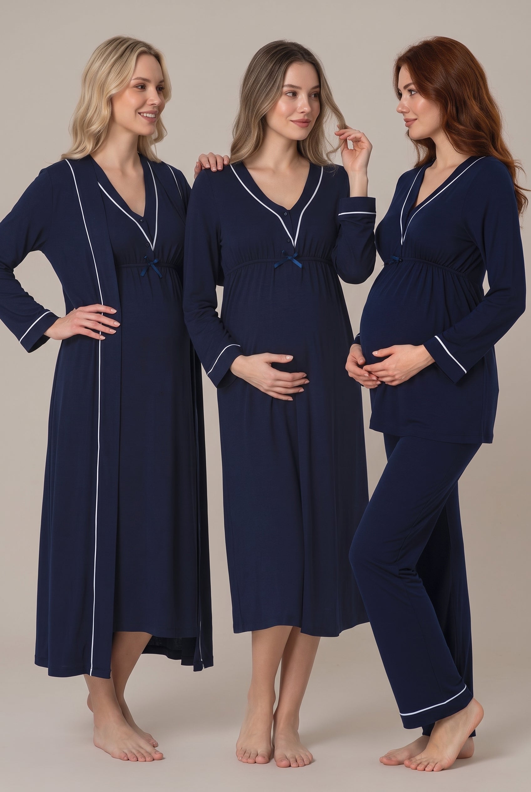 Şık Tasarım Biyeli Emzirme Kolaylıgı Saglayan Ayarlanabilir Bel Özellikli Pamuklu Lohusa Hamile Sabahlıklı Gecelik Pijama Seti 04056