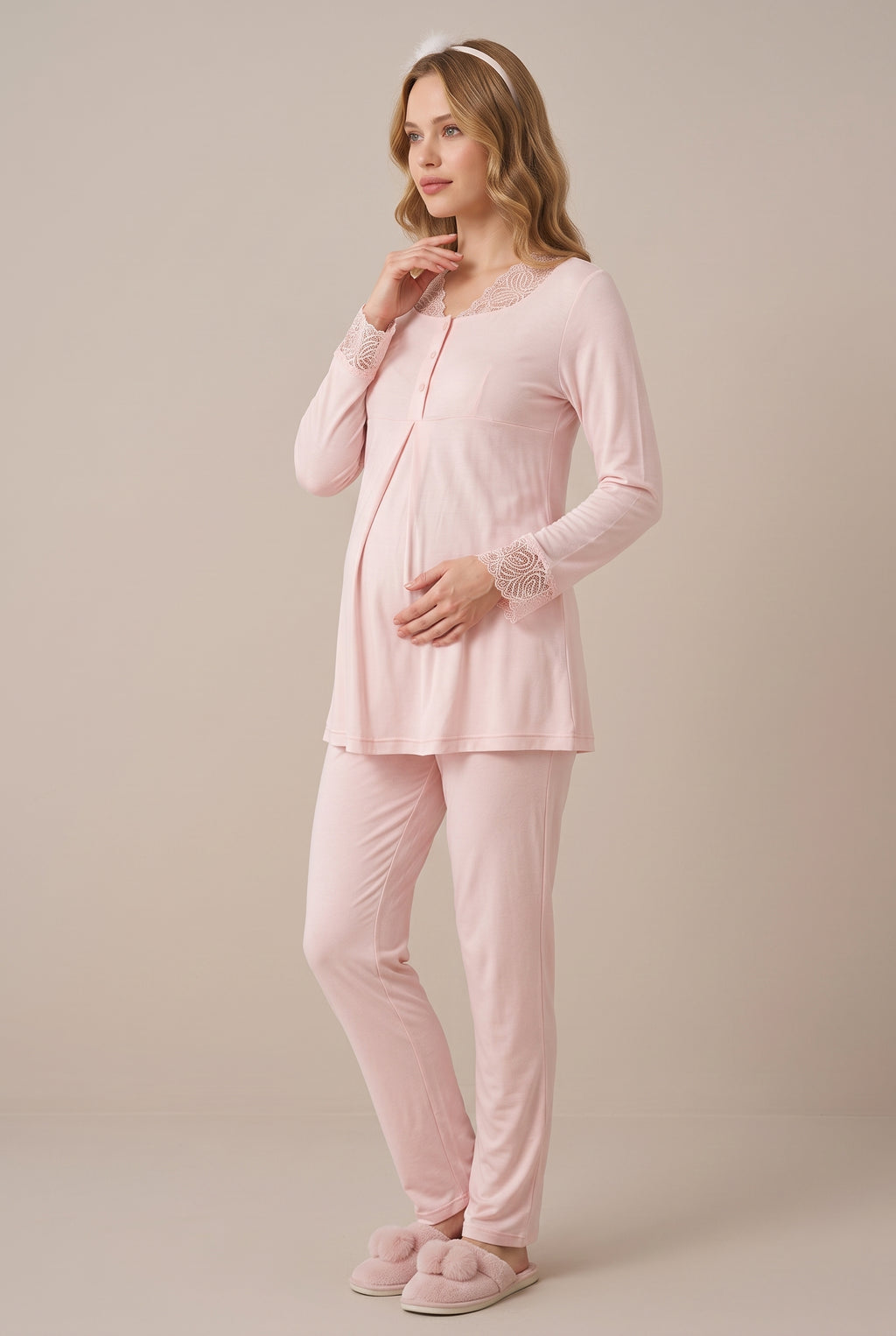 Şık Tasarım Dantel Detaylı Emzirme Kolaylıgı Saglayan Pamuklu Lohusa Hamile Pijama Takımı 05808