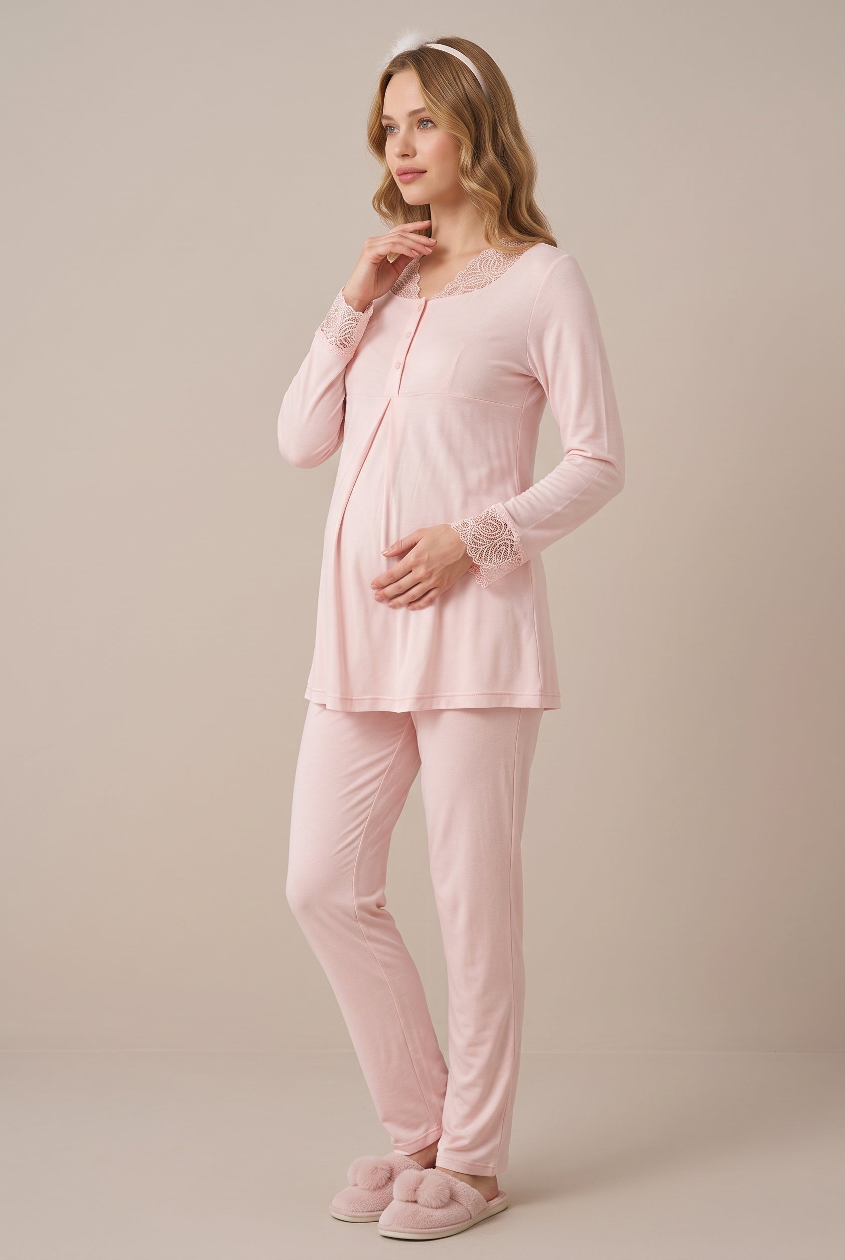 Şık Tasarım Dantel Detaylı Emzirme Kolaylıgı Saglayan Pamuklu Lohusa Hamile Pijama Takımı 05808